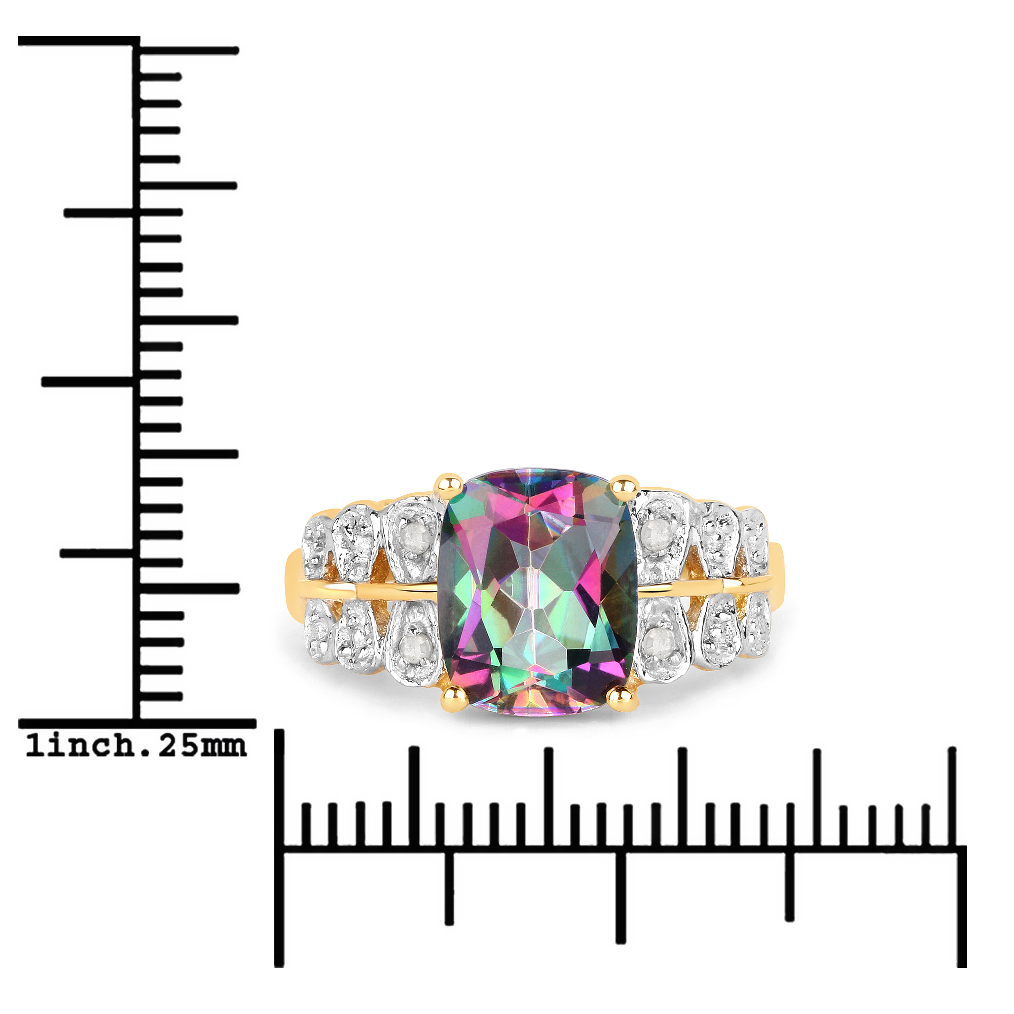14K Yellow Gold Plated 3.42 Carat Genuine Mystic Quartz and White Diamond .925 Sterling Silver Ring