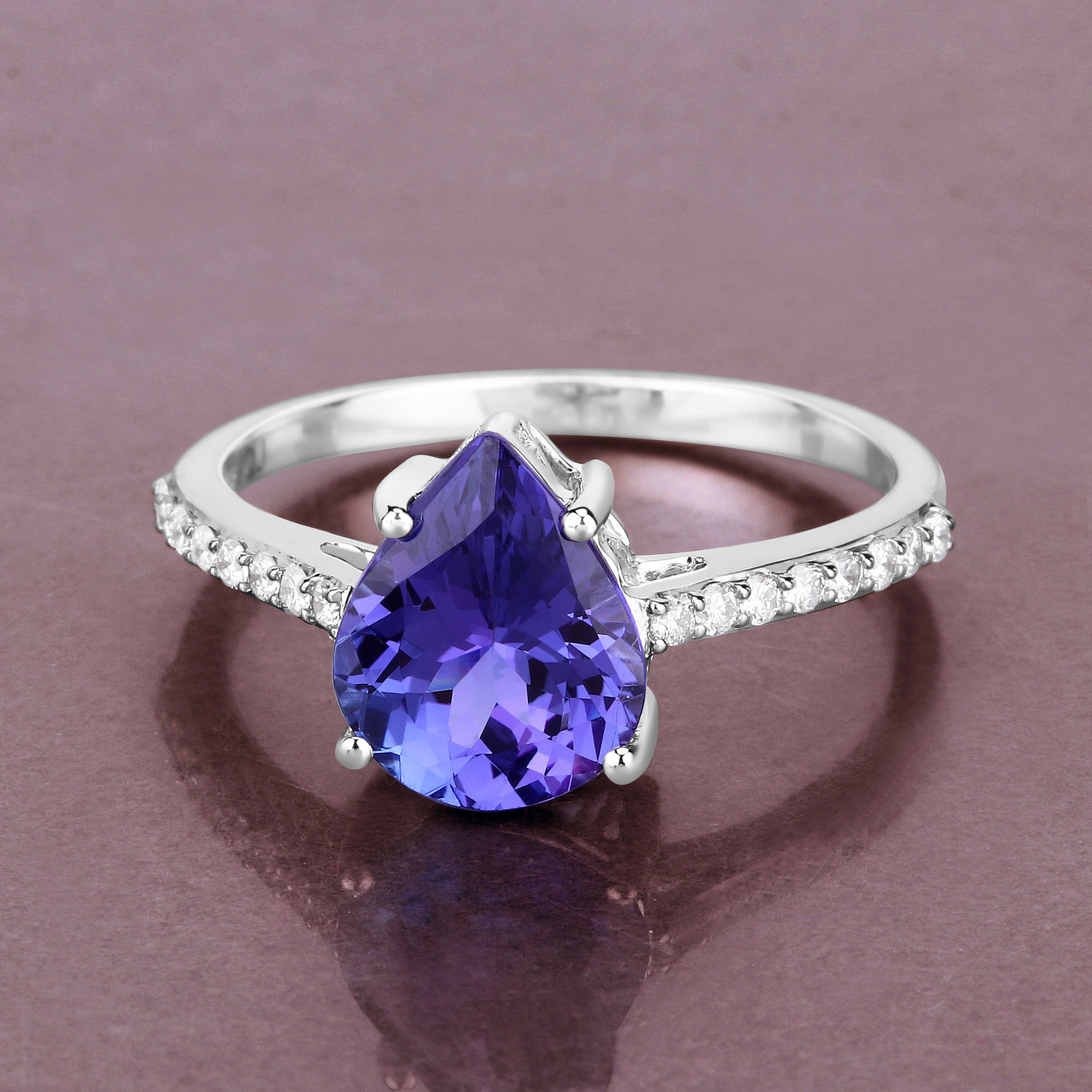 2.23 Carat Genuine Tanzanite and White Diamond 14K White Gold Ring
