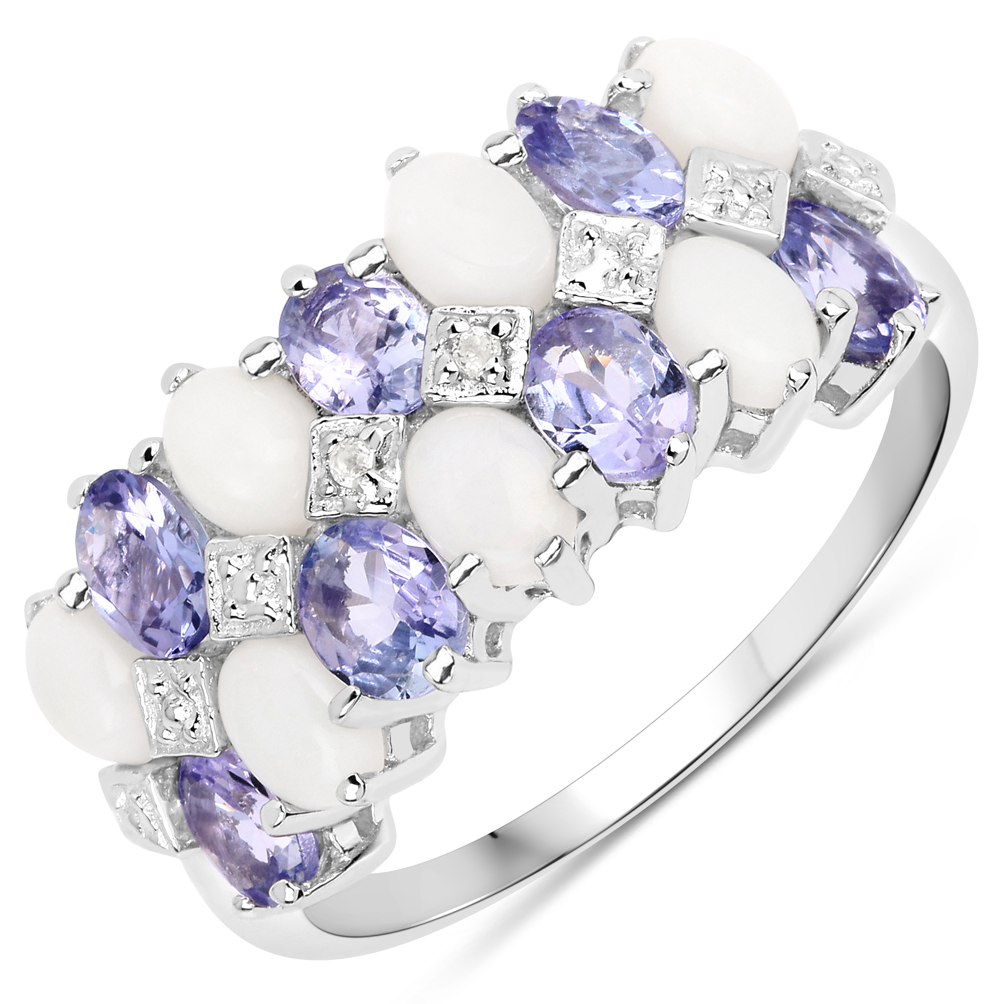 14K White Gold Plated 2.04 Carat Genuine Opal, Tanzanite and White Topaz .925 Sterling Silver Ring