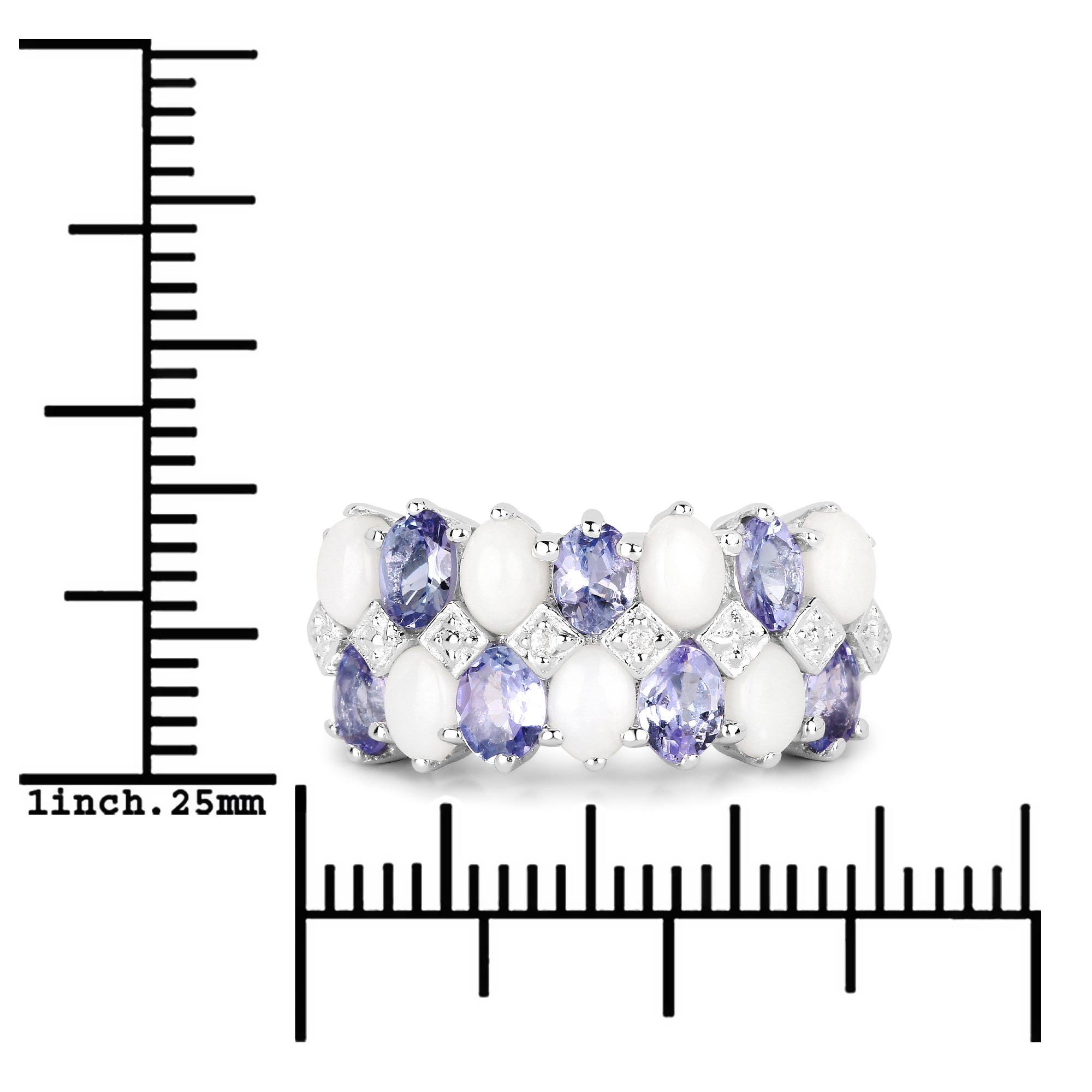 14K White Gold Plated 2.04 Carat Genuine Opal, Tanzanite and White Topaz .925 Sterling Silver Ring