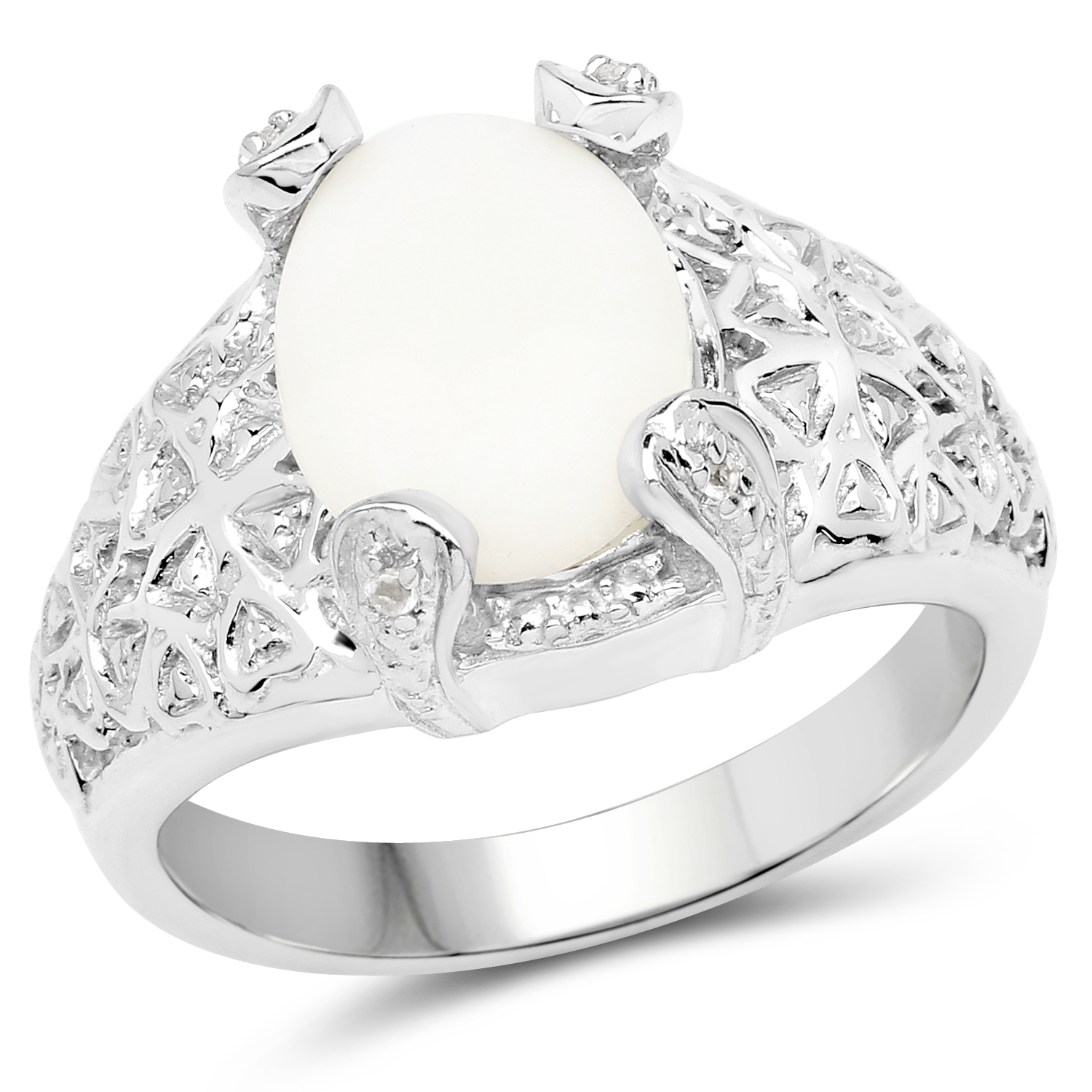 14K White Gold Plated 1.72 Carat Genuine Opal and White Topaz .925 Sterling Silver Ring