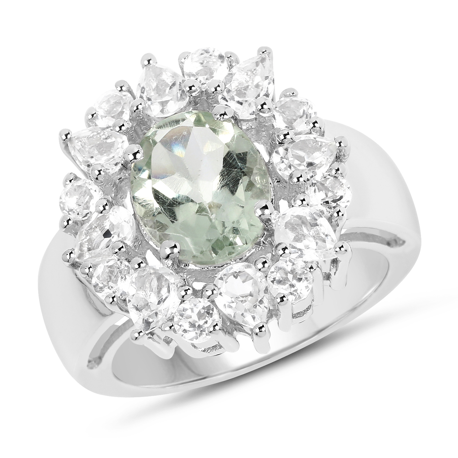 14.17 Carat Genuine Green Amethyst and White Topaz .925 Sterling Silver Ring 