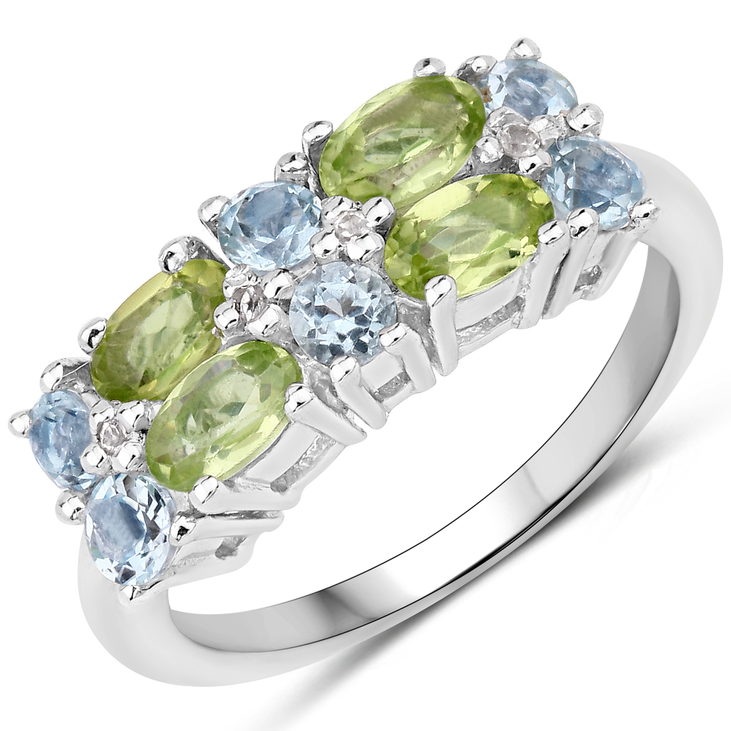 1.56 Carat Genuine Peridot, Topaz Blue and White Topaz .925 Sterling Silver Ring