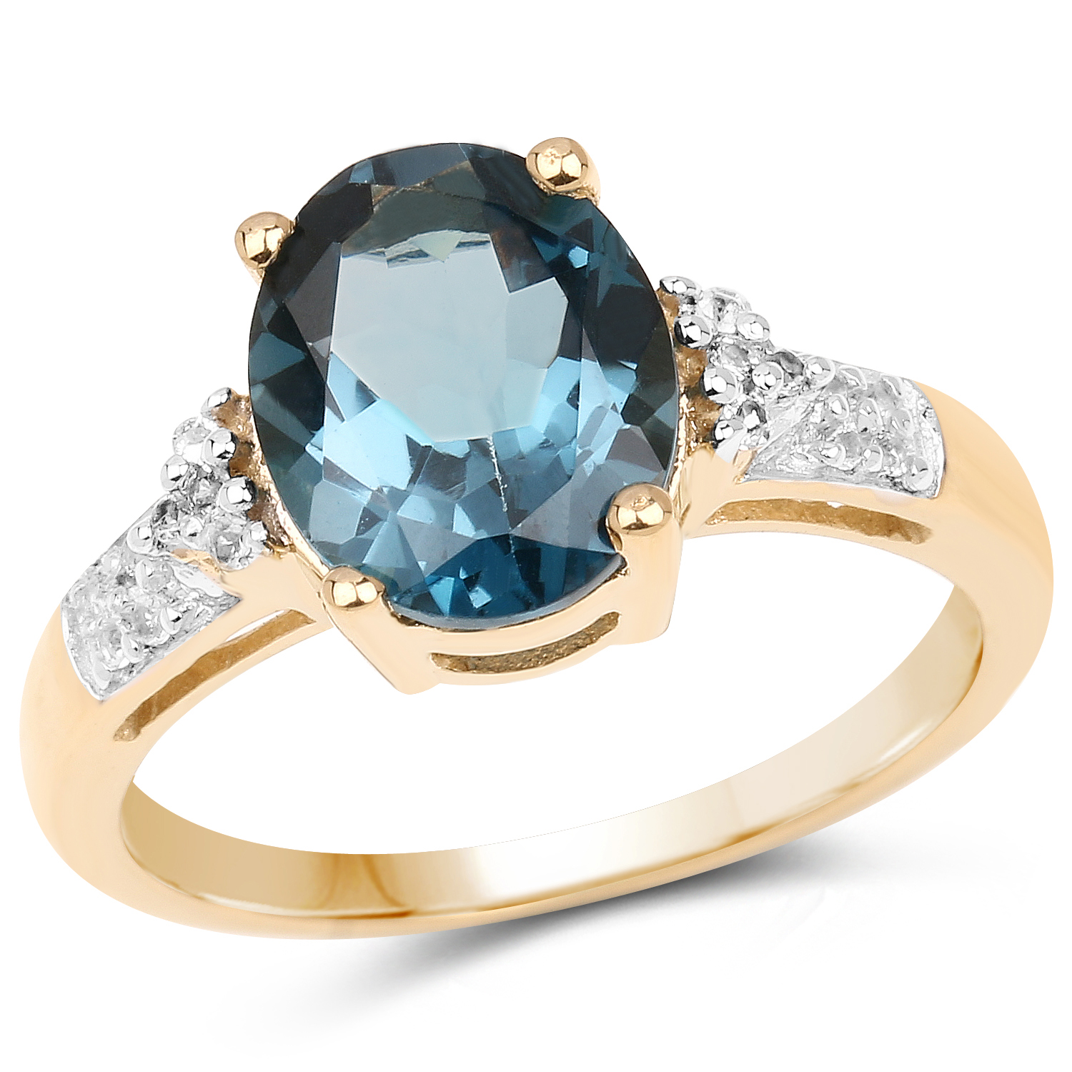 14K Yellow Gold Plated 3.71 Carat Genuine London Blue Topaz and White Topaz .925 Sterling Silver Ring