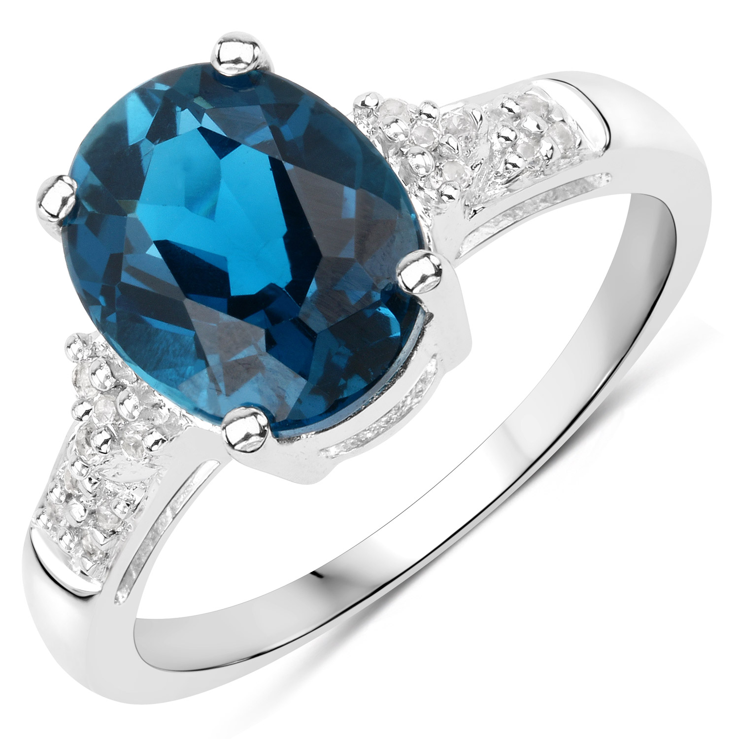 3.15 Carat Genuine London Blue Topaz and White Topaz .925 Sterling Silver Ring