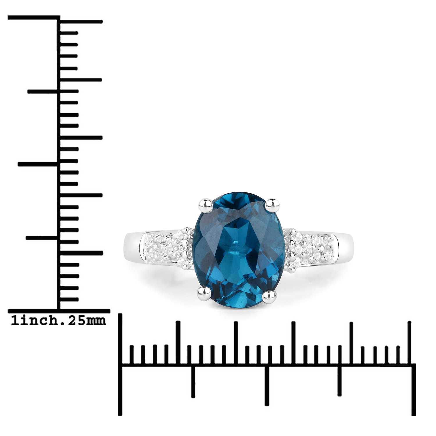 3.15 Carat Genuine London Blue Topaz and White Topaz .925 Sterling Silver Ring