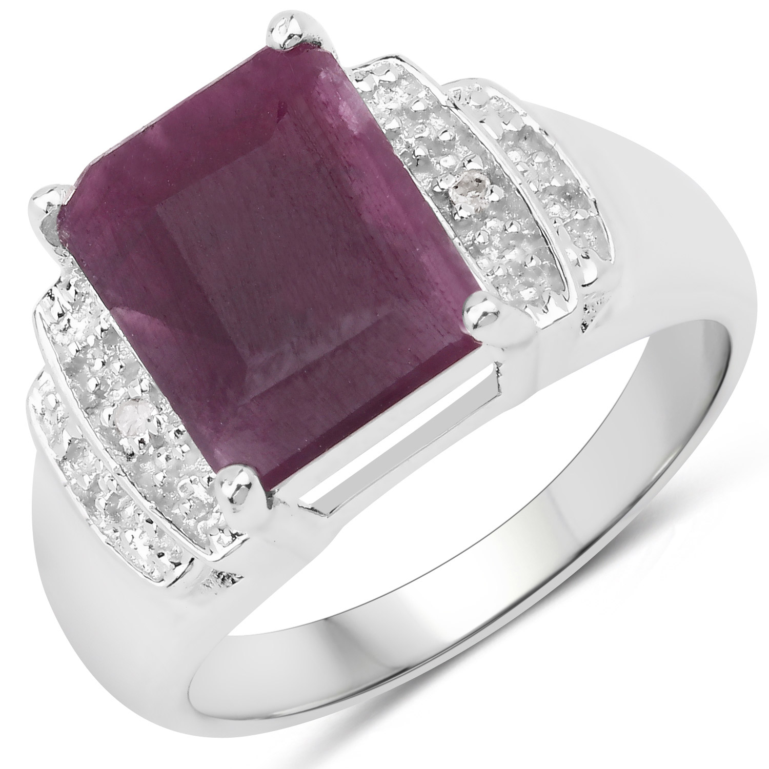 4.76 Carat Genuine Ruby and White Diamond .925 Sterling Silver Ring
