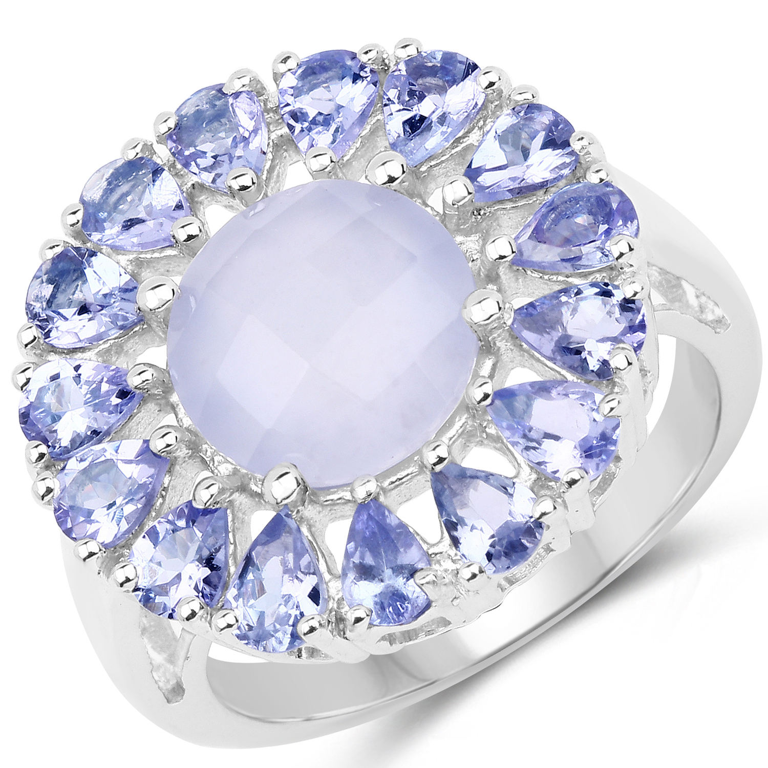 8.10 Carat Genuine Blue Chelcedonia & Tanzanite .925 Sterling Silver Ring