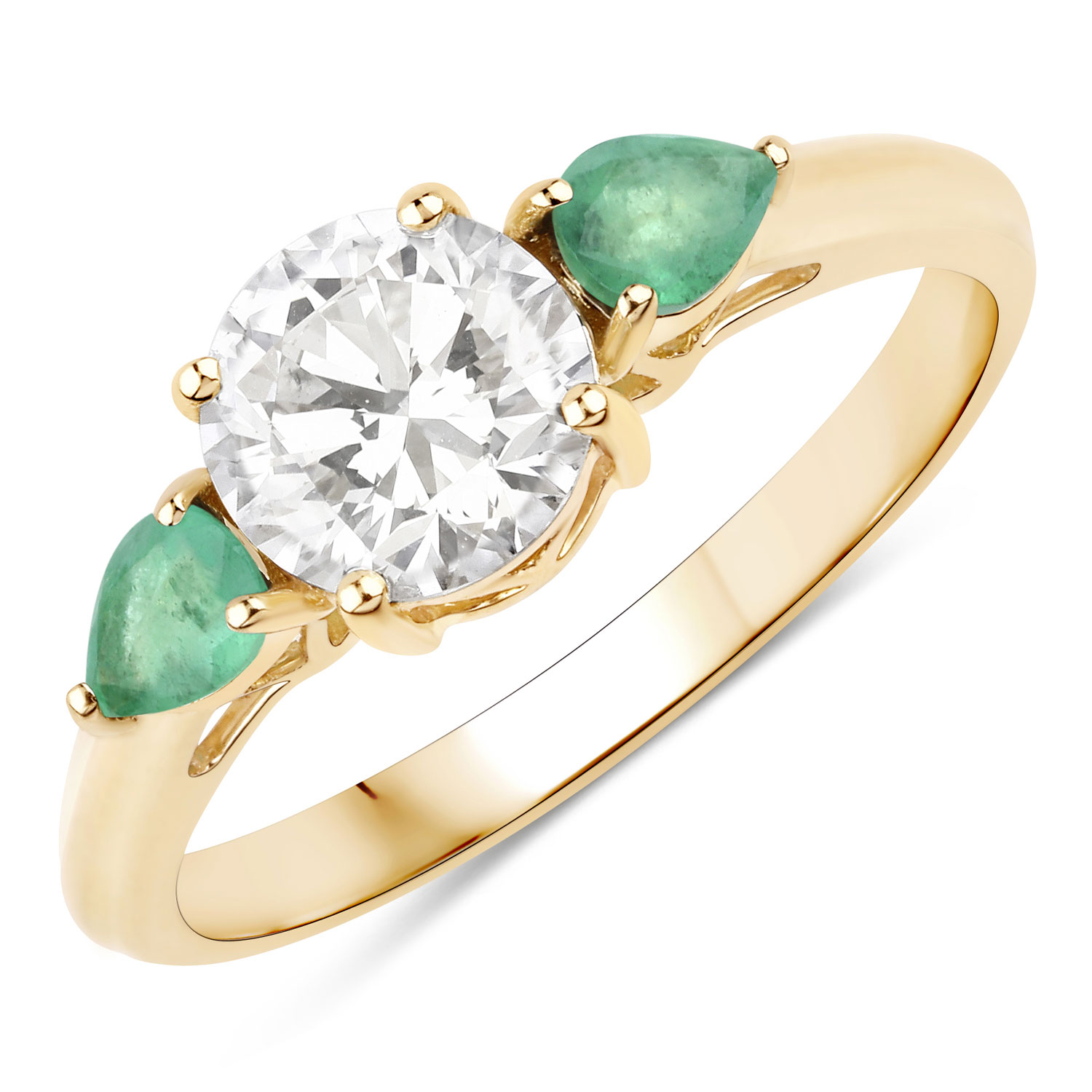 1.28 Carat Genuine Zambian Emerald and Lab Grown Diamond 14K Yellow Gold Ring