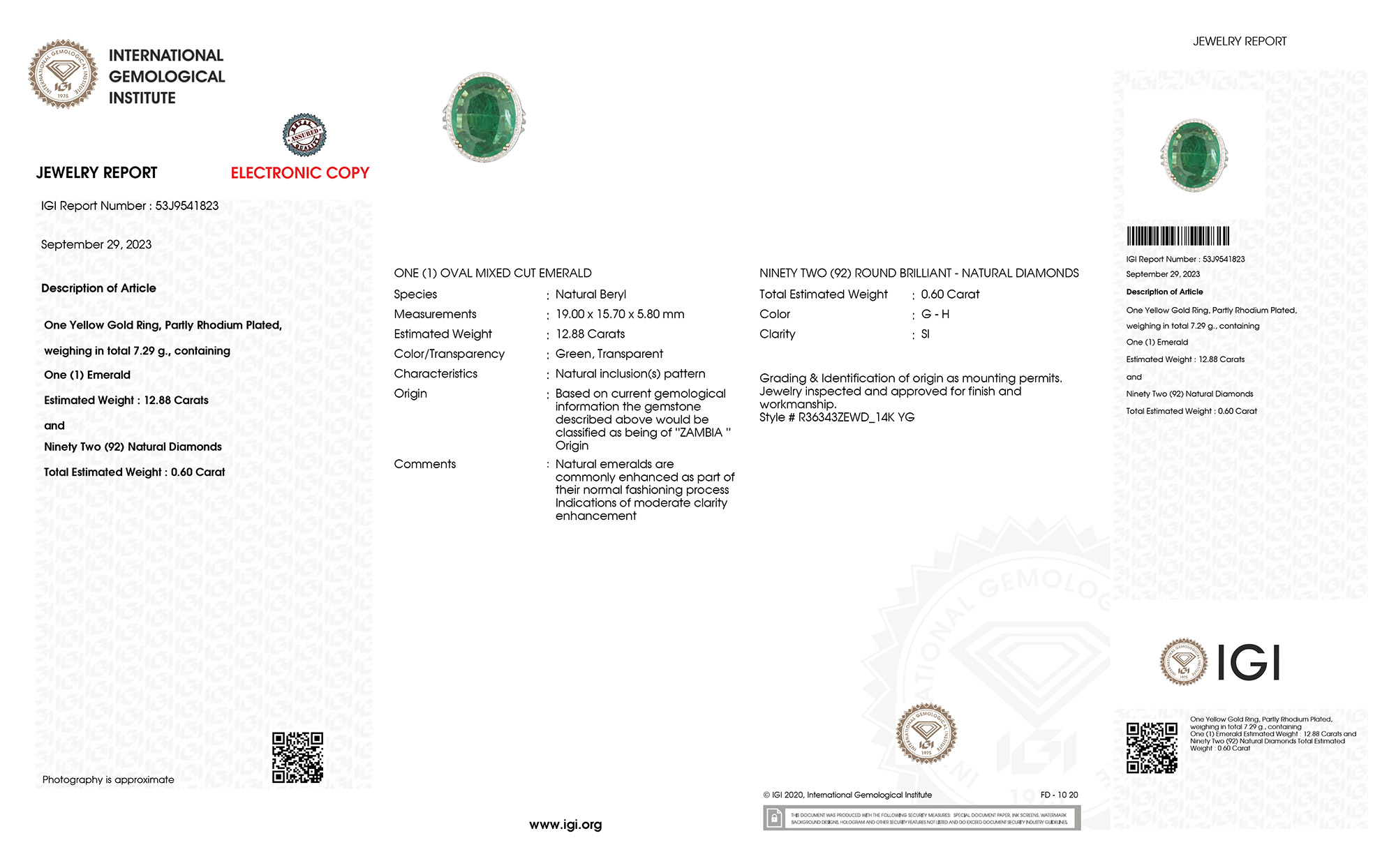 IGI Certified 13.48 Carat Genuine Zambian Emerald and White Diamond 14K Yellow Gold Ring-International Gemological Institute Diamond Report