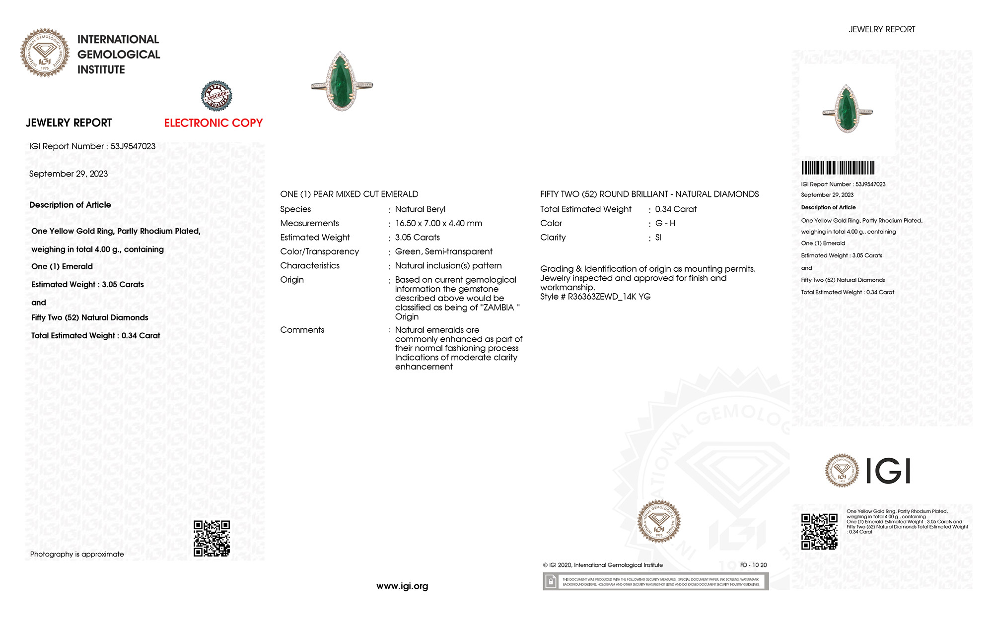 IGI Certified 3.39 Carat Genuine Zambian Emerald and White Diamond 14K Yellow Gold Ring-International Gemological Institute Diamond Report
