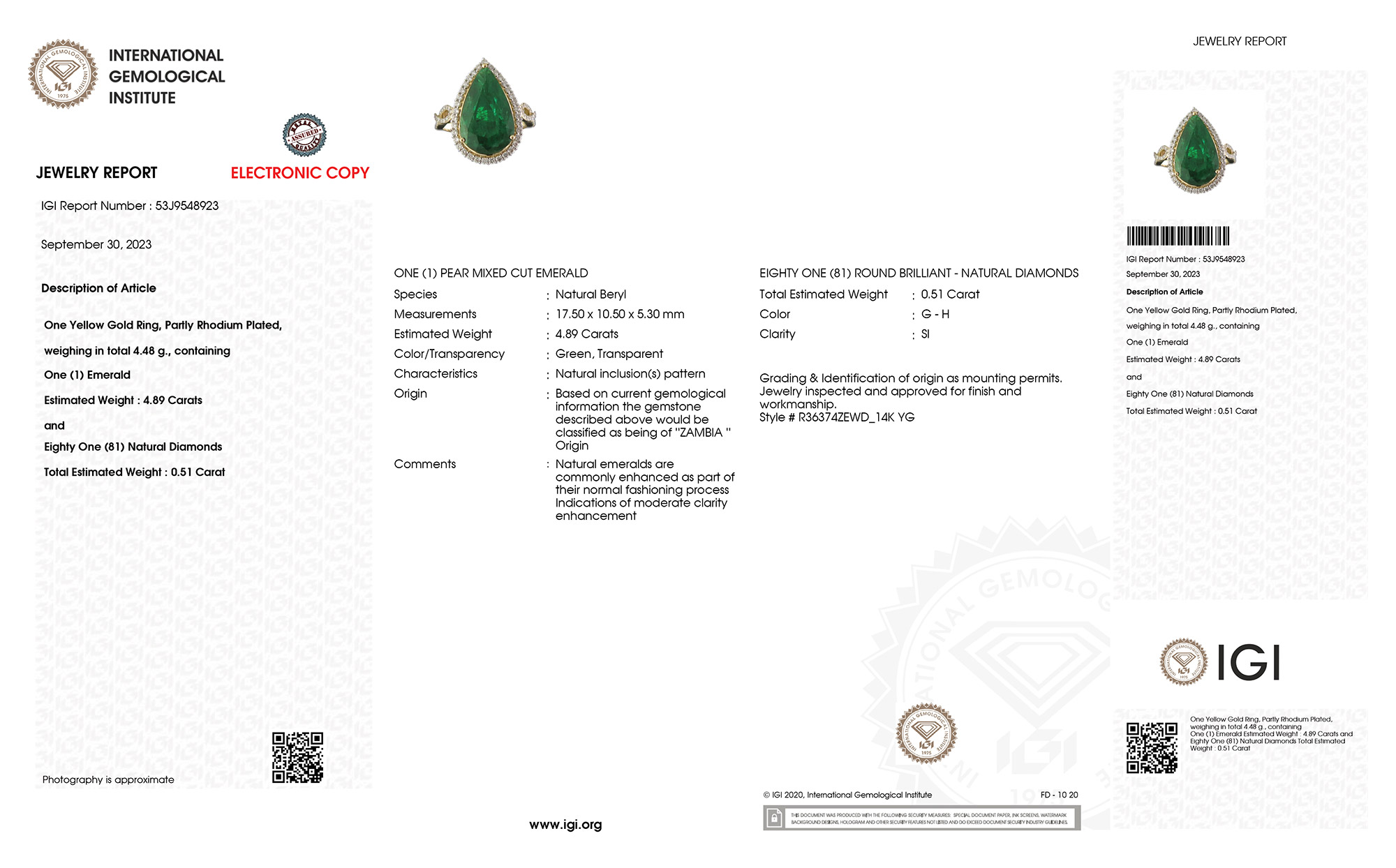 IGI Certified 5.40 Carat Genuine Zambian Emerald and White Diamond 14K Yellow Gold Ring-International Gemological Institute Diamond Report