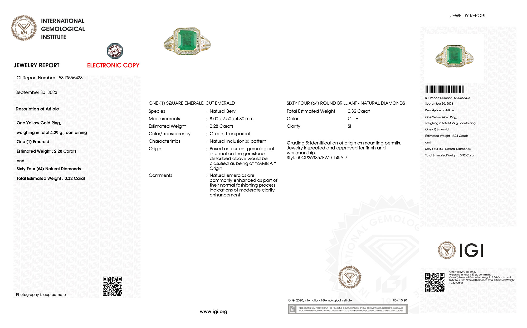 IGI Certified 2.60 Carat Genuine Zambian Emerald and White Diamond 14K Yellow Gold Ring-International Gemological Institute Diamond Report