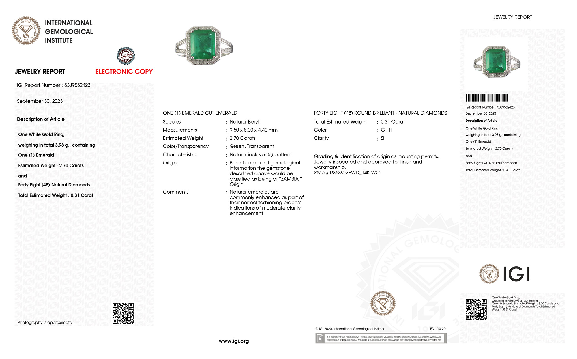 IGI Certified 3.01 Carat Genuine Zambian Emerald and White Diamond 14K White Gold Ring-International Gemological Institute Diamond Report