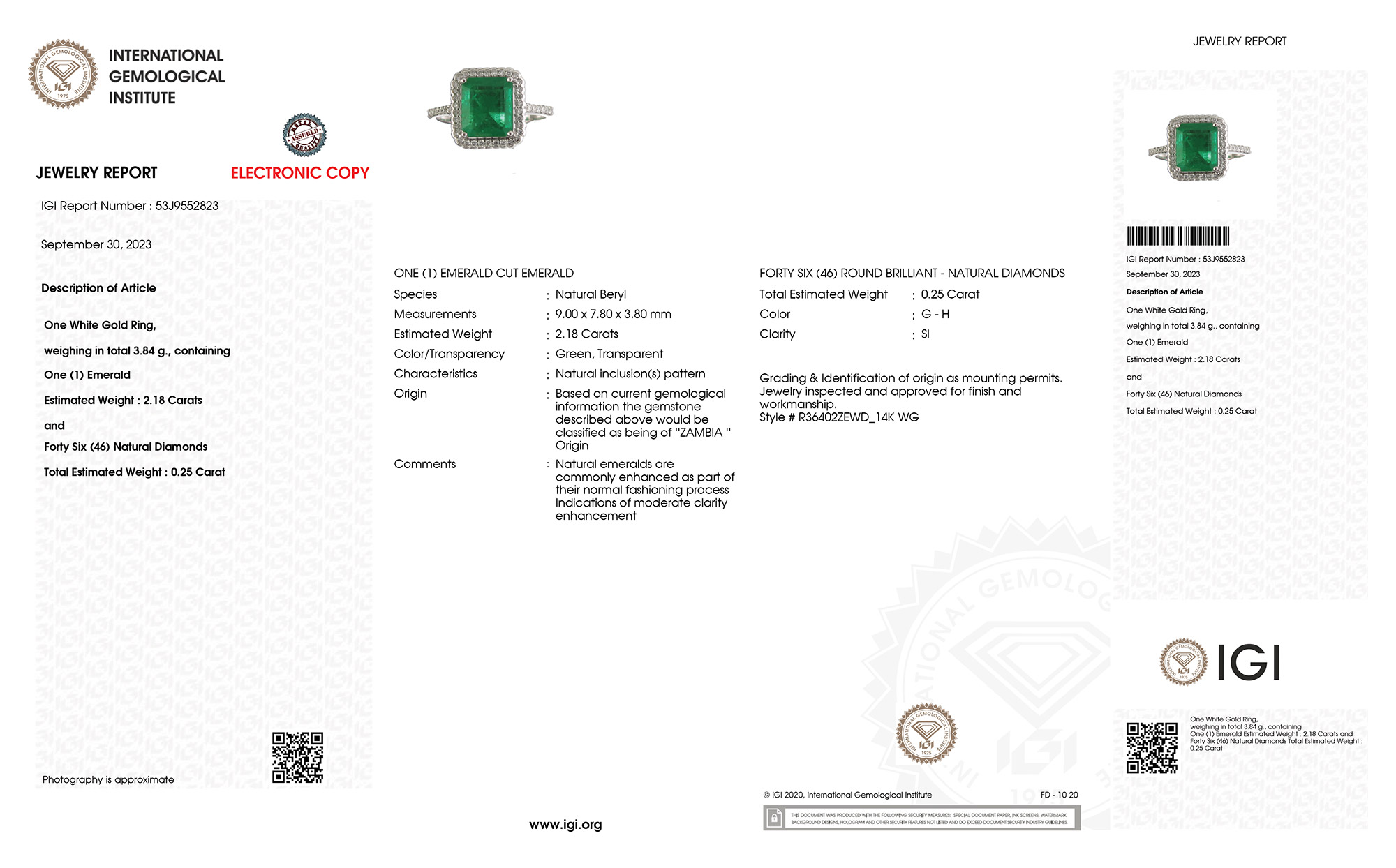IGI Certified 2.43 Carat Genuine Zambian Emerald and White Diamond 14K White Gold Ring-International Gemological Institute Diamond Report
