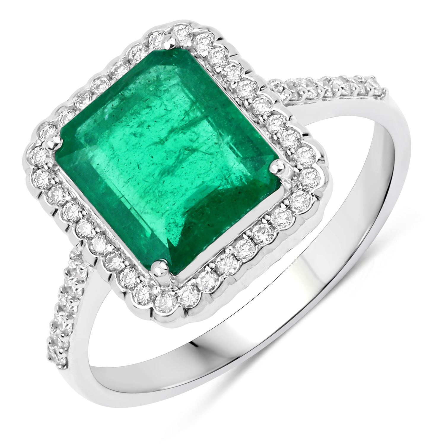 IGI Certified 2.43 Carat Genuine Zambian Emerald and White Diamond 14K White Gold Ring