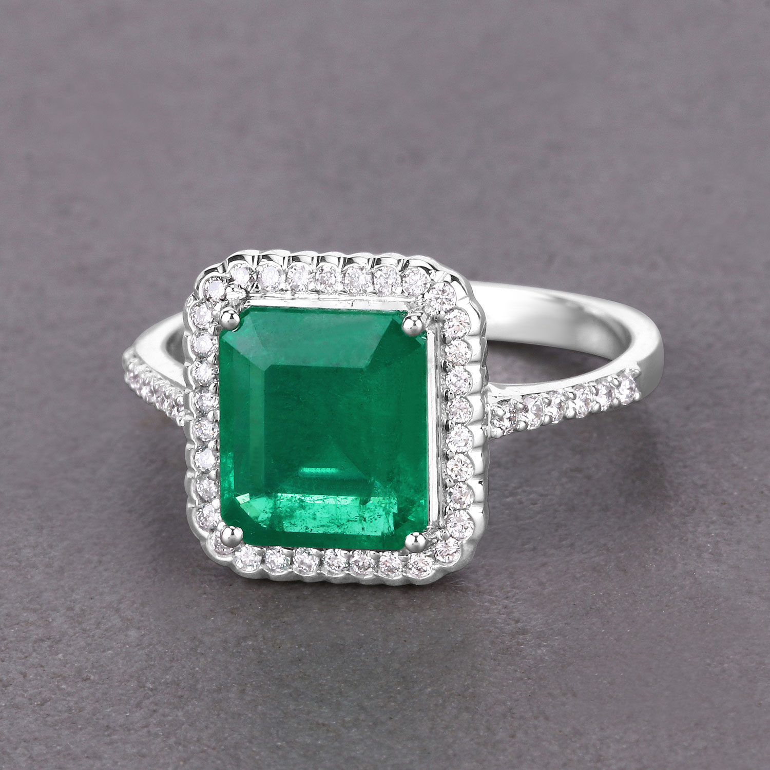 IGI Certified 2.43 Carat Genuine Zambian Emerald and White Diamond 14K White Gold Ring