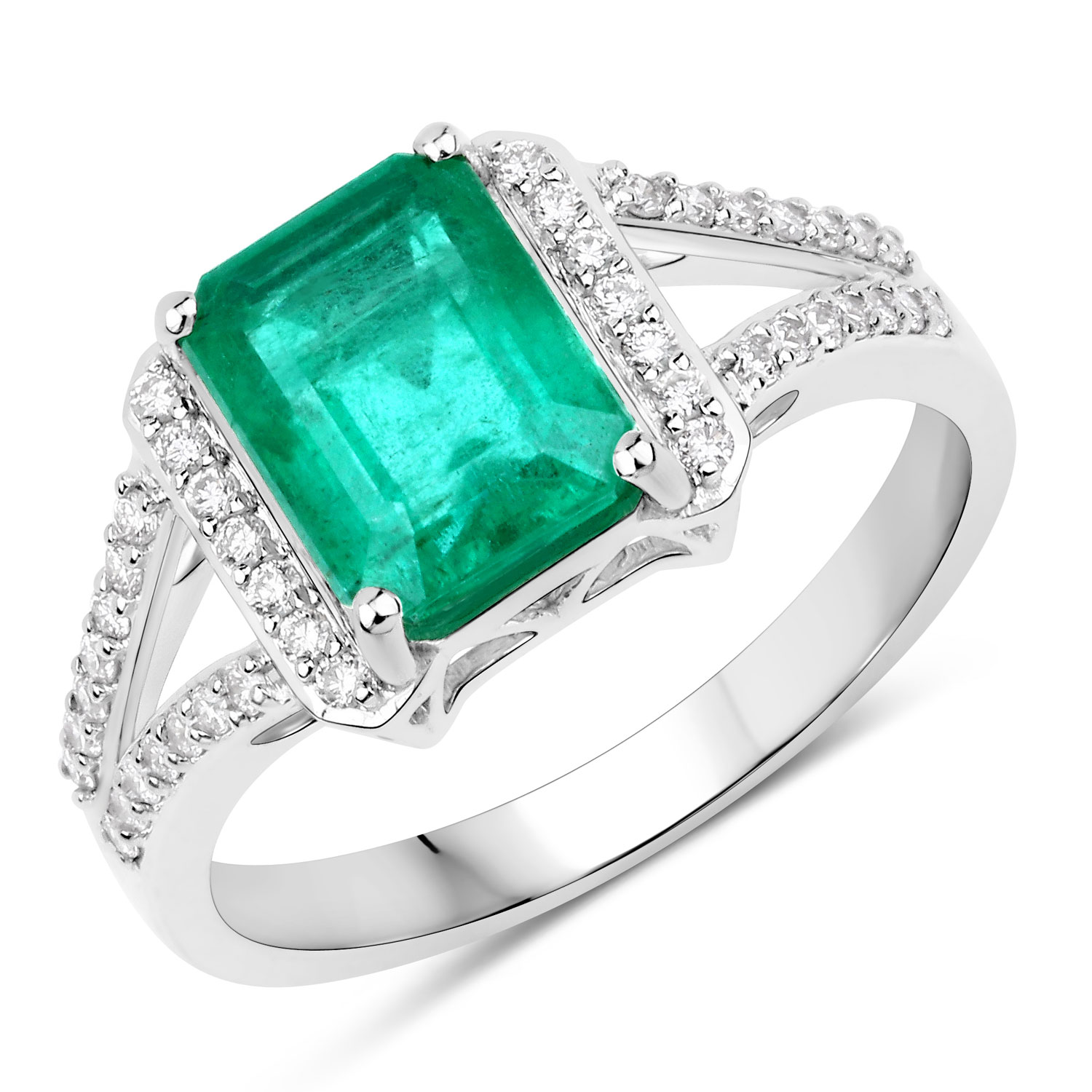 IGI Certified 2.44 Carat Genuine Zambian Emerald and White Diamond 14K White Gold Ring