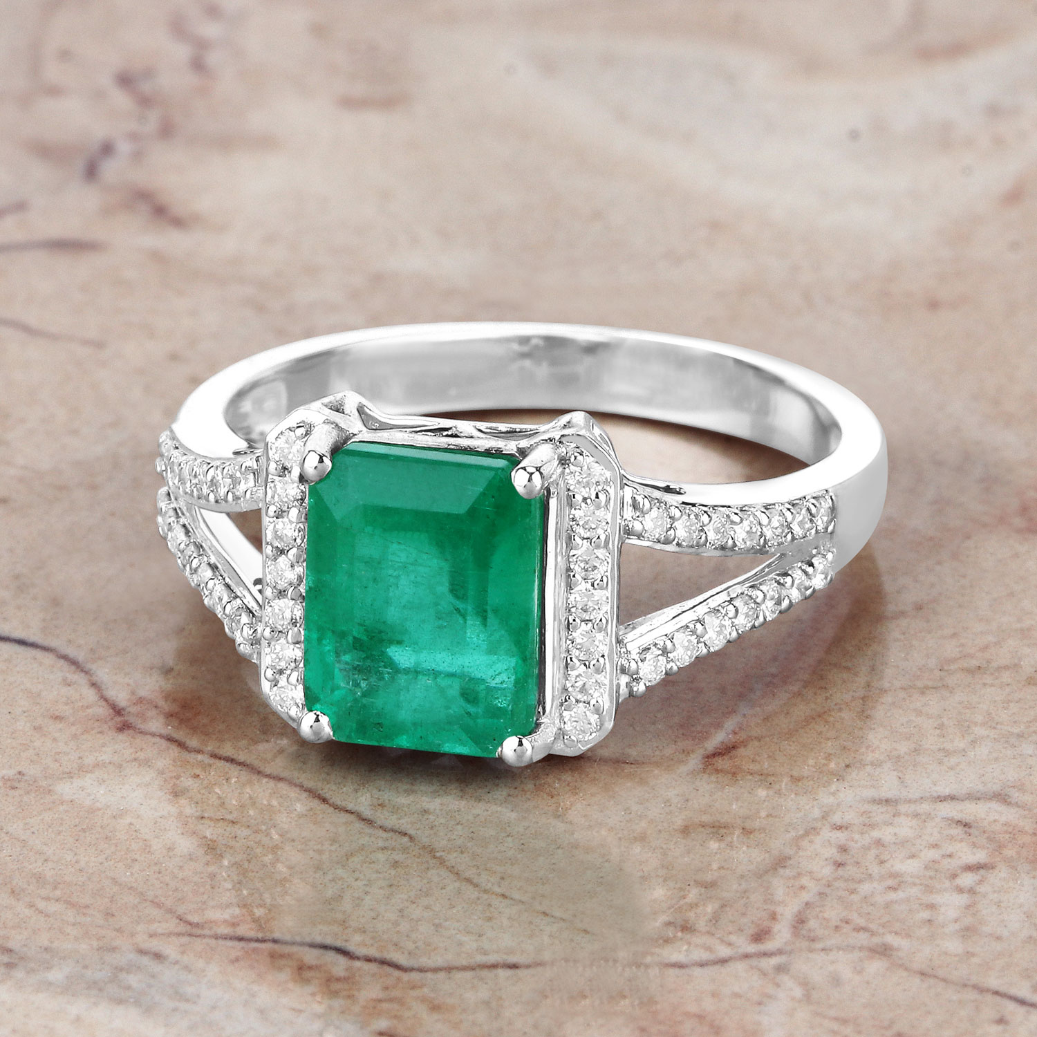 IGI Certified 2.44 Carat Genuine Zambian Emerald and White Diamond 14K White Gold Ring