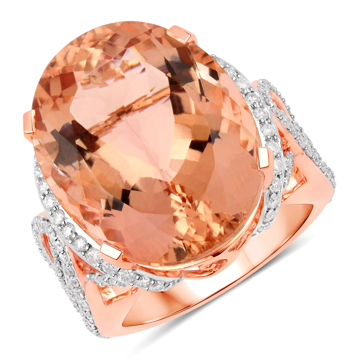 21.08 Carat Genuine Morganite and White Diamond 14K Rose Gold Ring