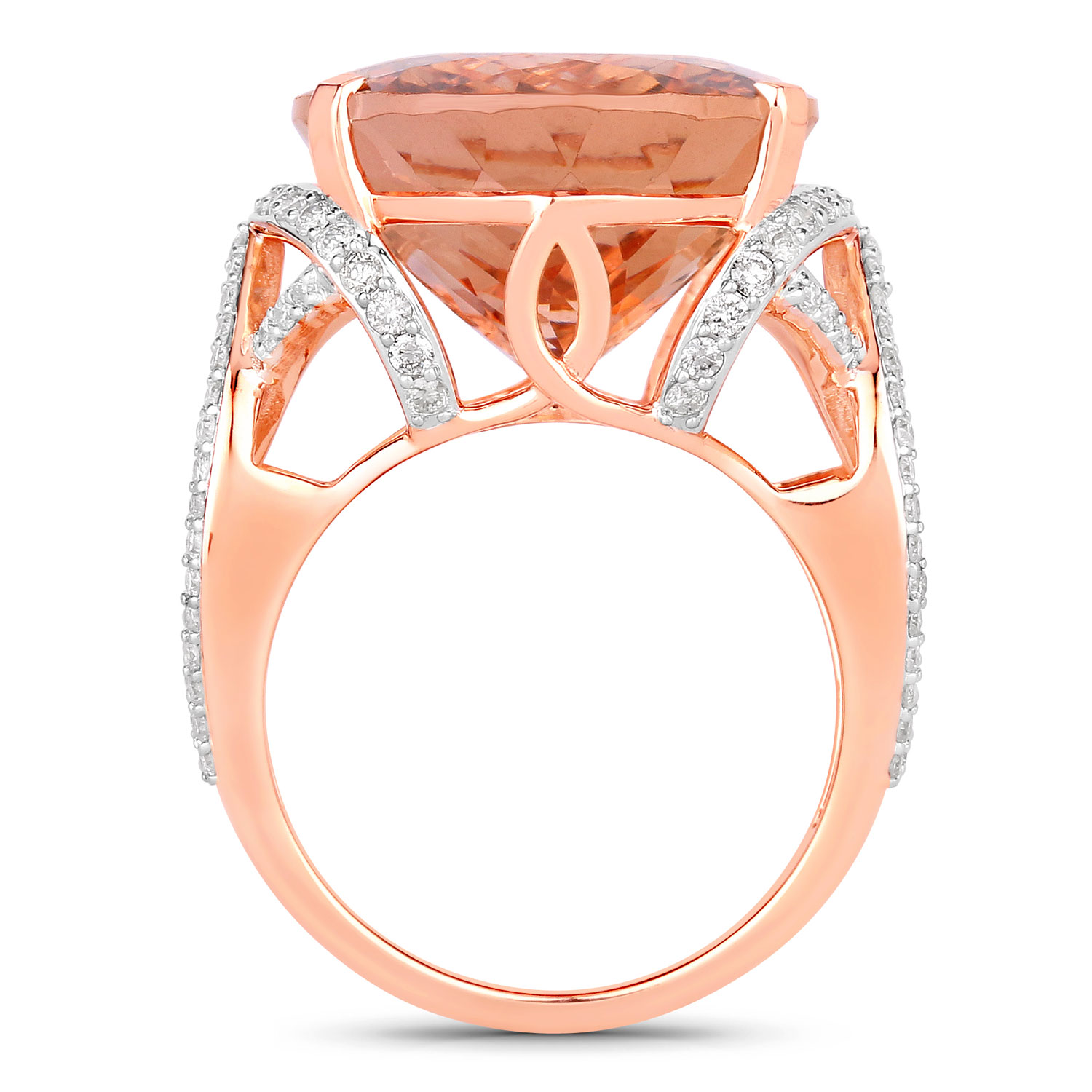 21.08 Carat Genuine Morganite and White Diamond 14K Rose Gold Ring