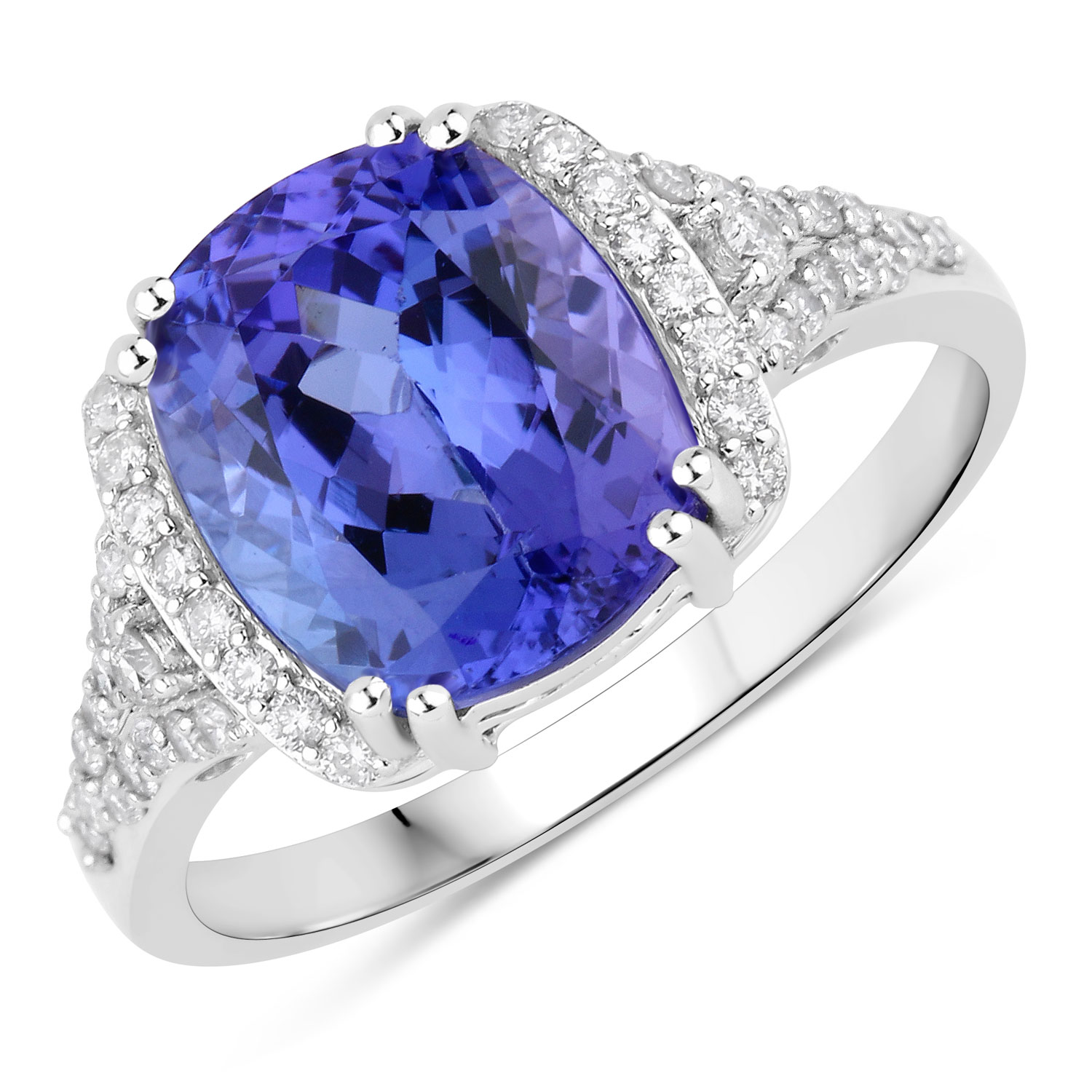 4.07 Carat Genuine Tanzanite and White Diamond 14K White Gold Ring