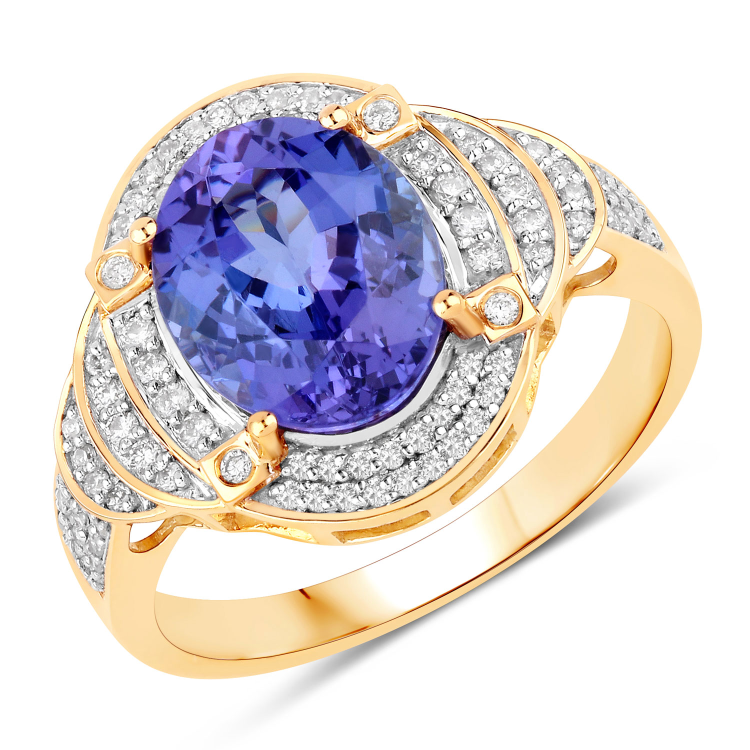 3.54 Carat Genuine Tanzanite and White Diamond 14K Yellow Gold Ring