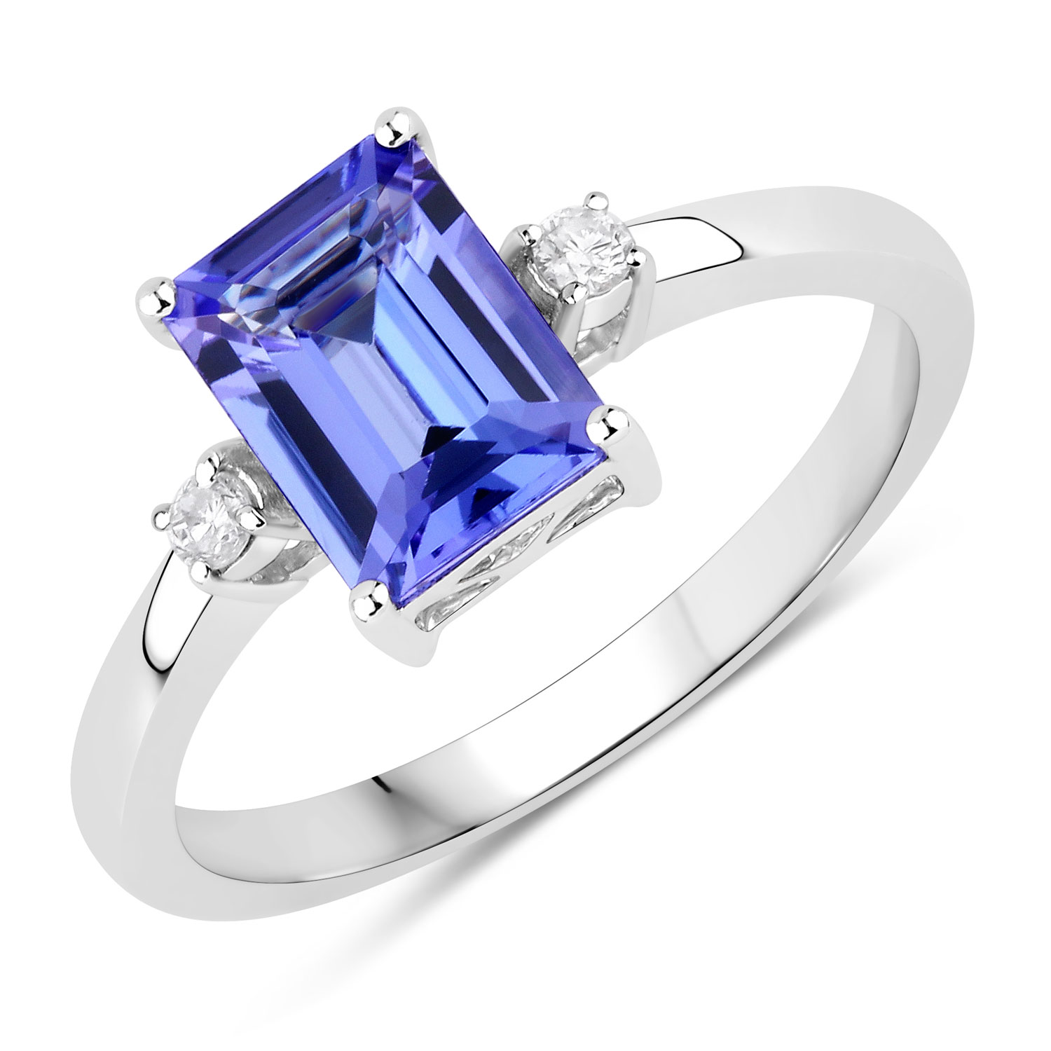 1.60 Carat Genuine Tanzanite and White Diamond 14K White Gold Ring