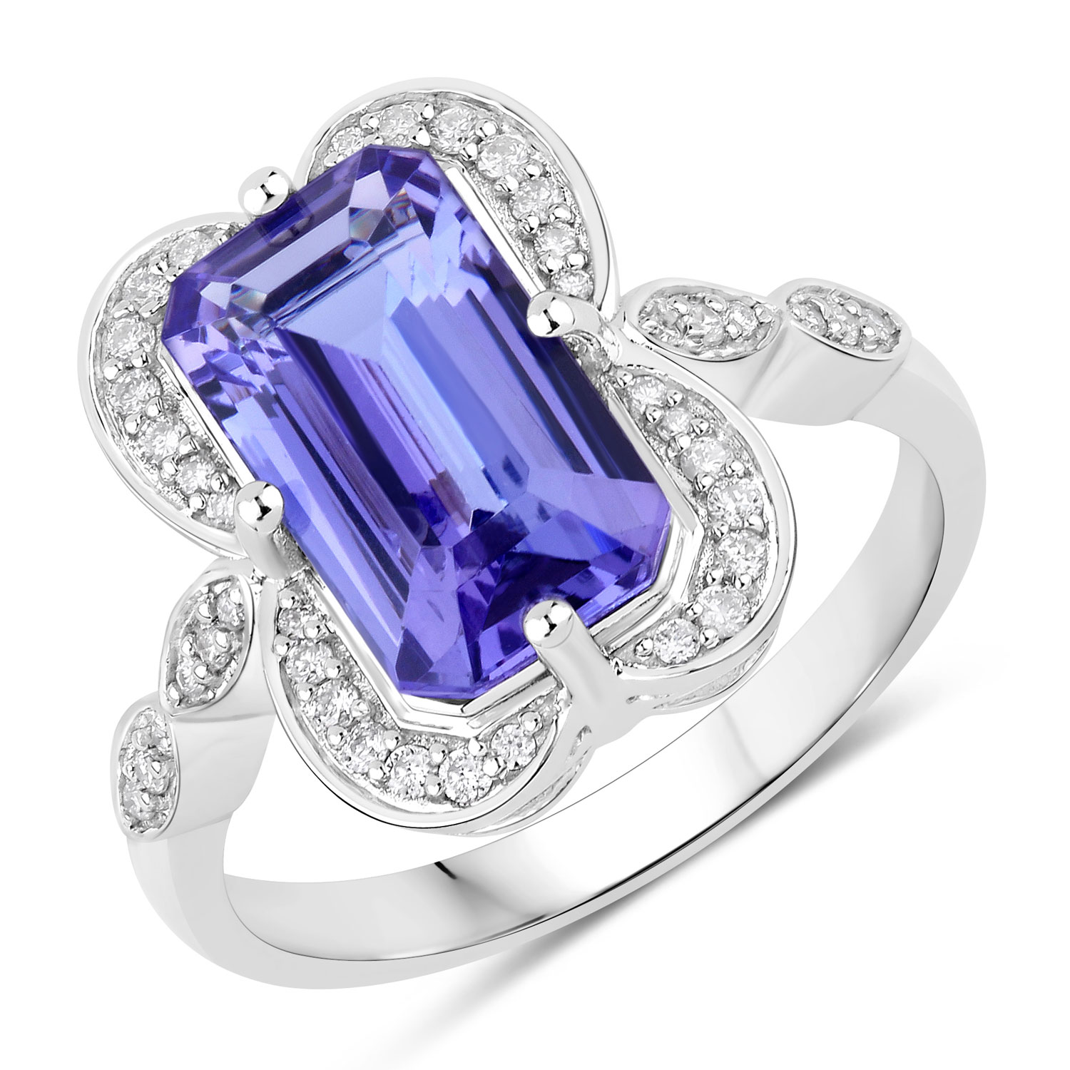 3.50 Carat Genuine Tanzanite and White Diamond 14K White Gold Ring