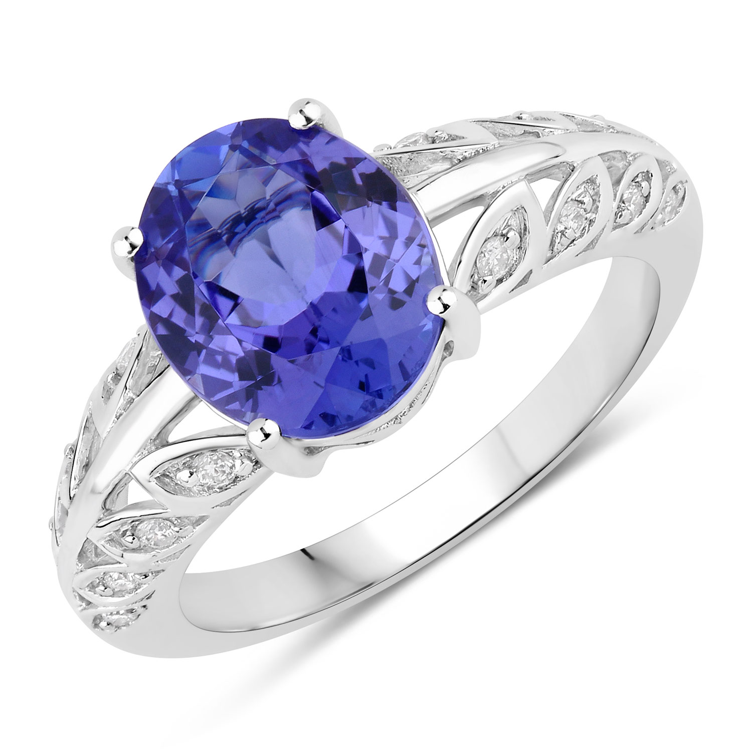3.37 Carat Genuine Tanzanite and White Diamond 14K White Gold Ring