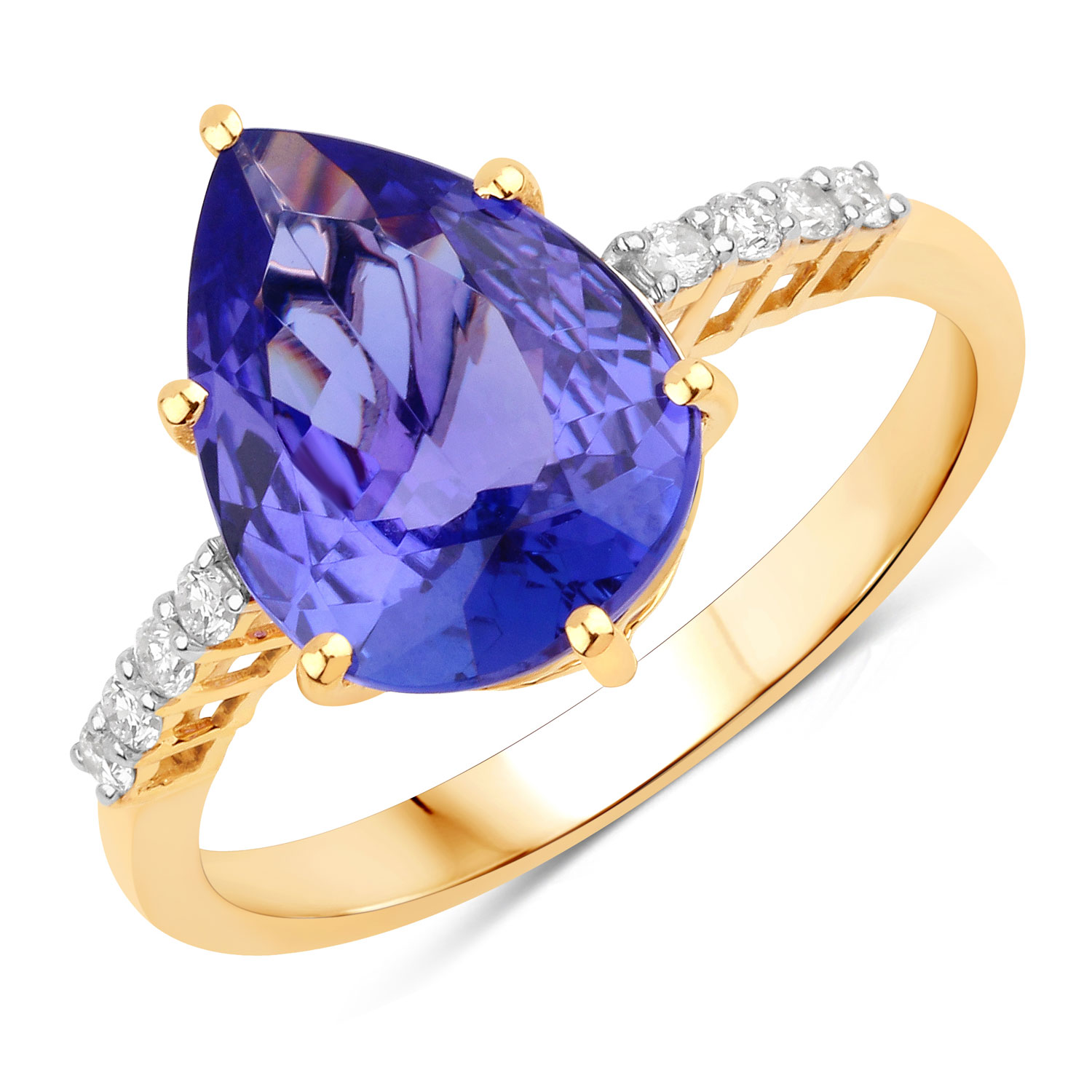 3.01 Carat Genuine Tanzanite and White Diamond 14K Yellow Gold Ring