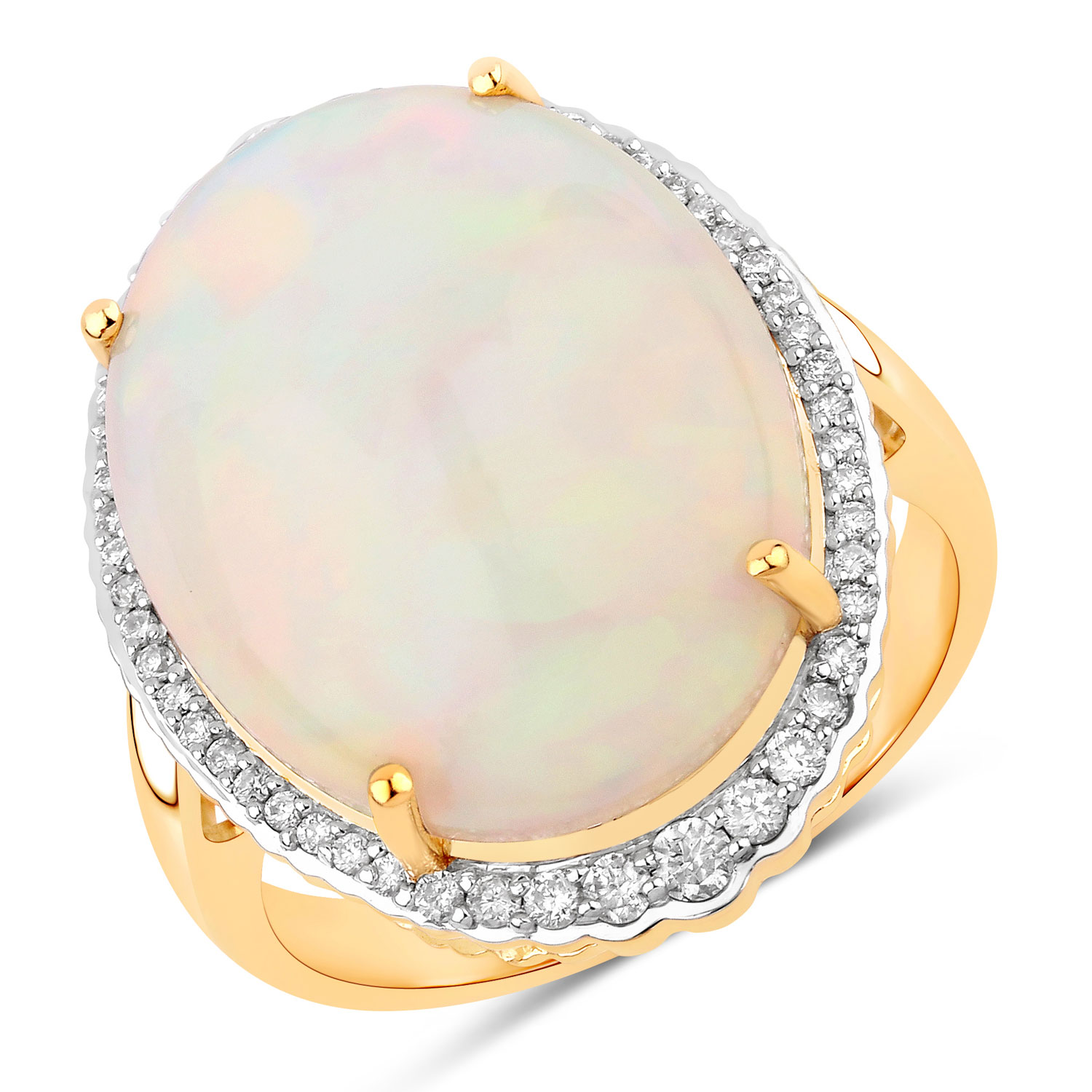 11.24 Carat Genuine Ethiopian Opal and White Diamond 14K Yellow Gold Ring