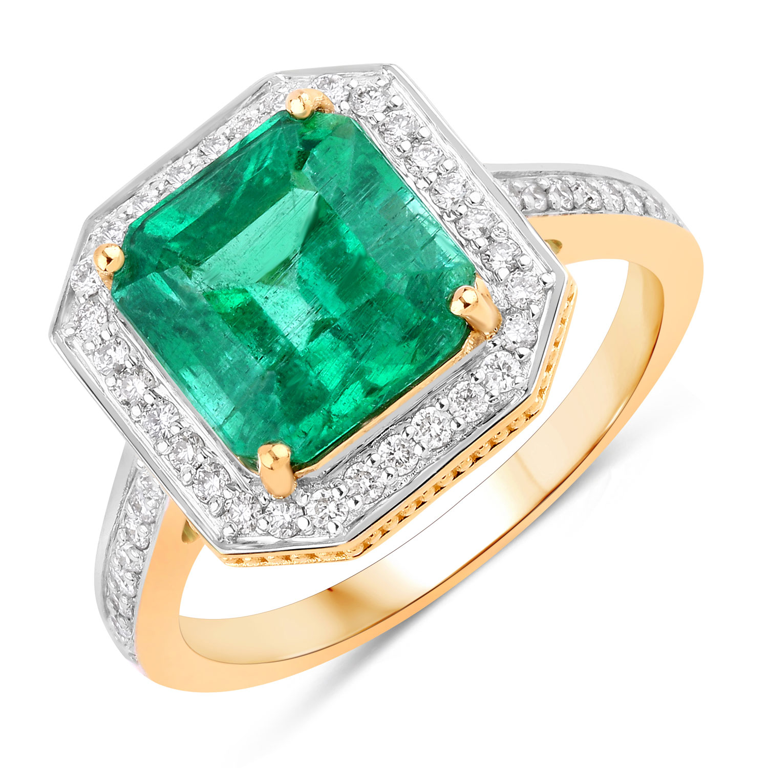 IGI Certified 3.63 Carat Genuine Zambian Emerald and White Diamond 18K Yellow Gold Ring