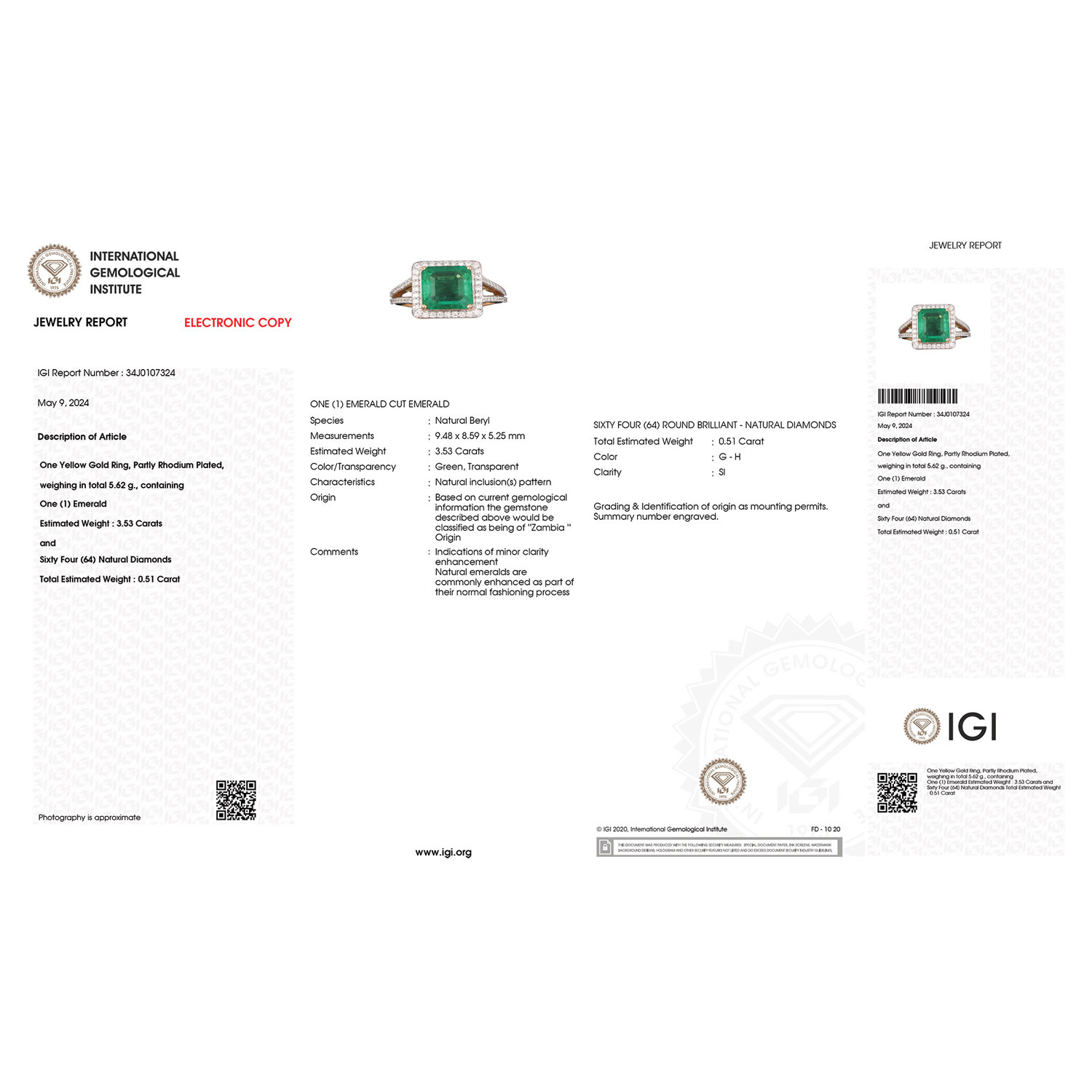IGI Certified 4.04 Carat Genuine Zambian Emerald and White Diamond 18K Yellow Gold Ring-International Gemological Institute Diamond Report