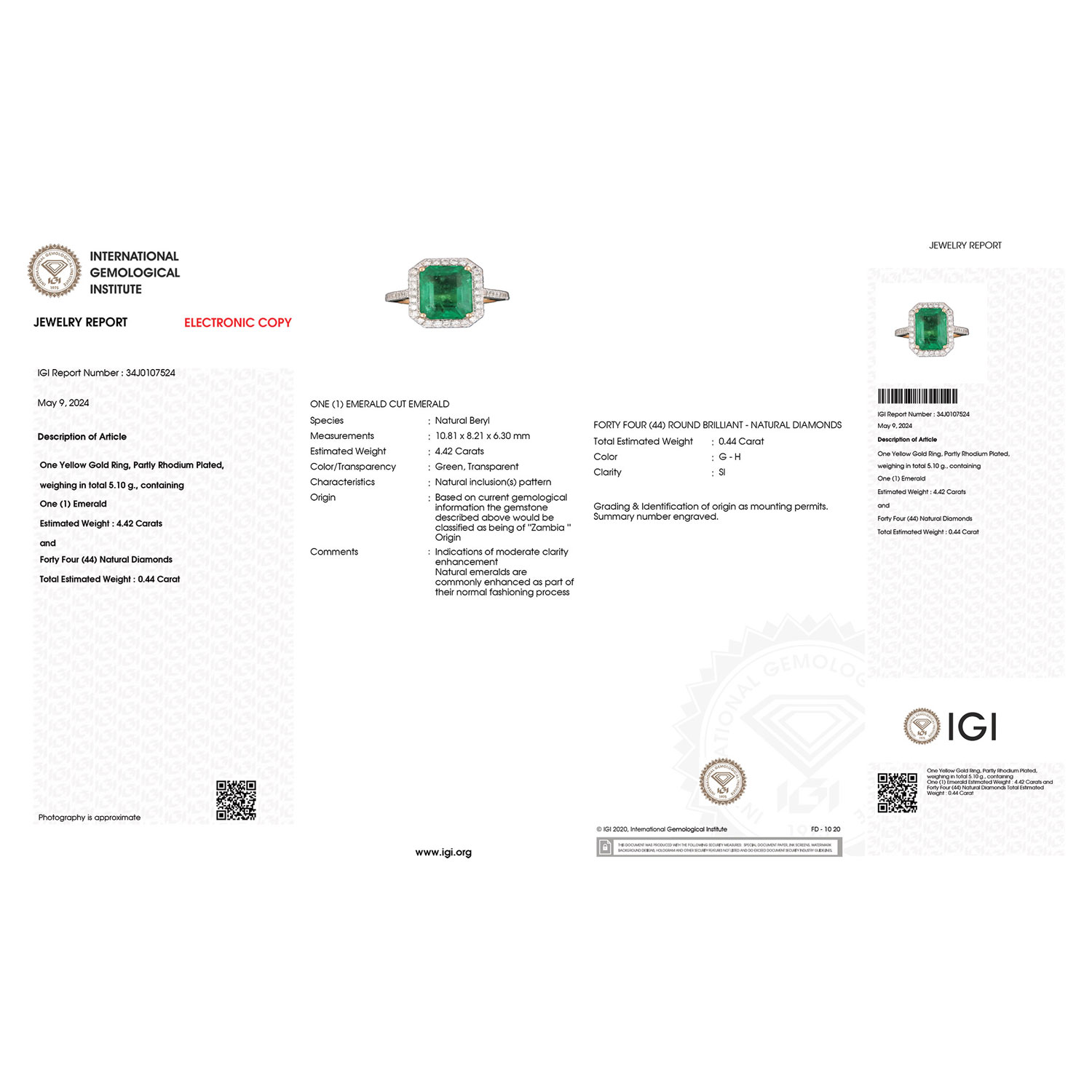 IGI Certified 4.86 Carat Genuine Zambian Emerald and White Diamond 18K Yellow Gold Ring-International Gemological Institute Diamond Report