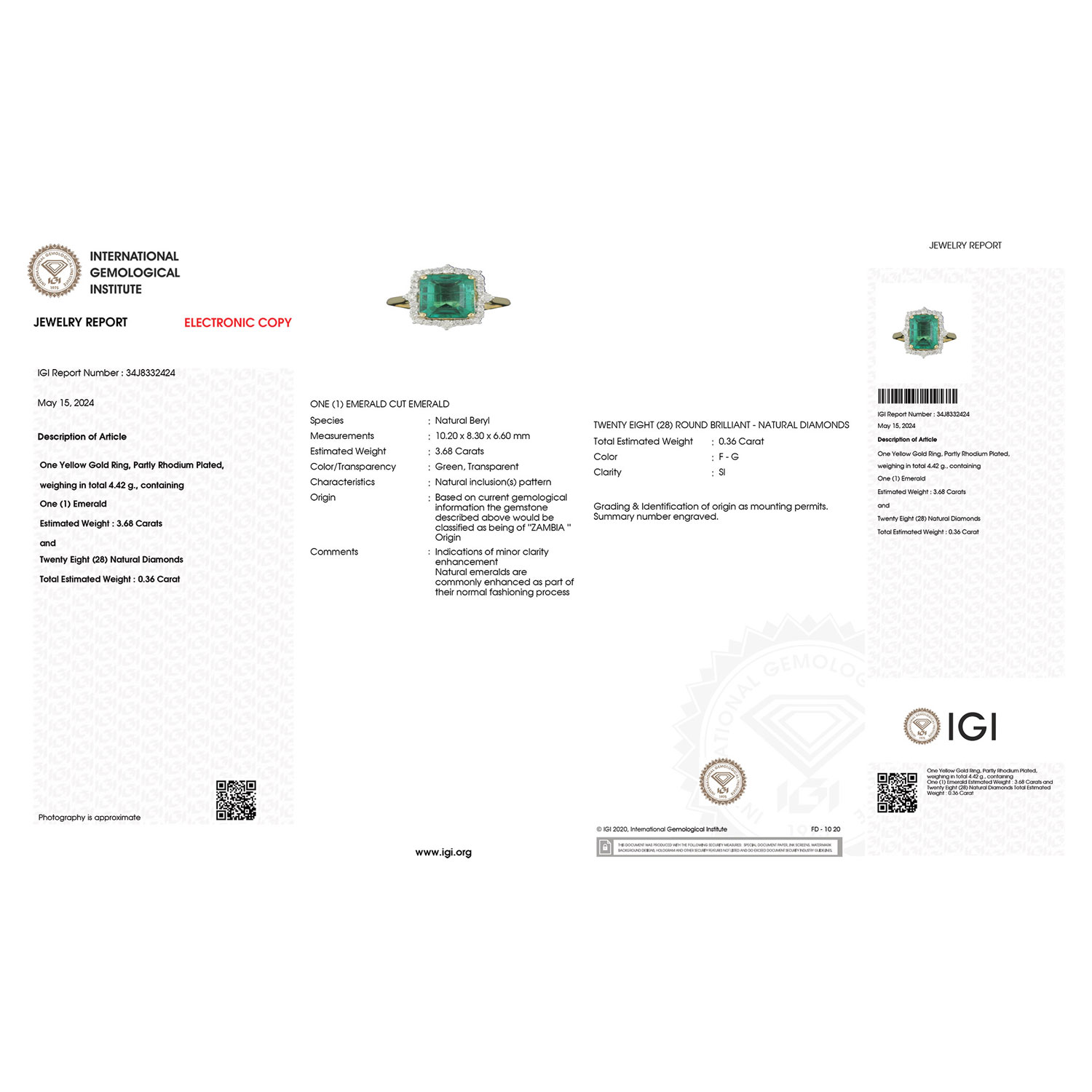 IGI Certified 4.04 Carat Genuine Zambian Emerald and White Diamond 18K Yellow Gold Ring-International Gemological Institute Diamond Report