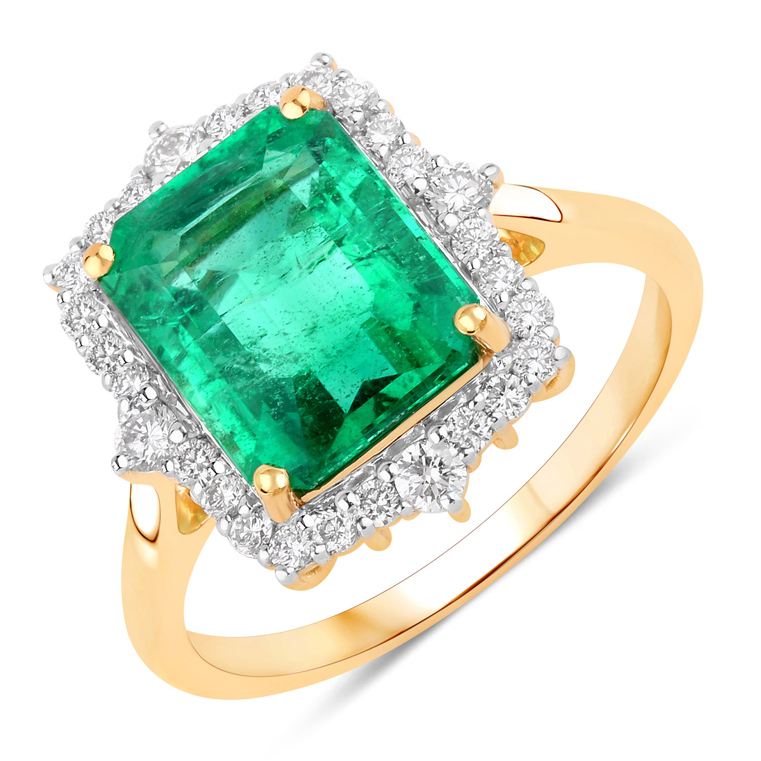 IGI Certified 4.04 Carat Genuine Zambian Emerald and White Diamond 18K Yellow Gold Ring