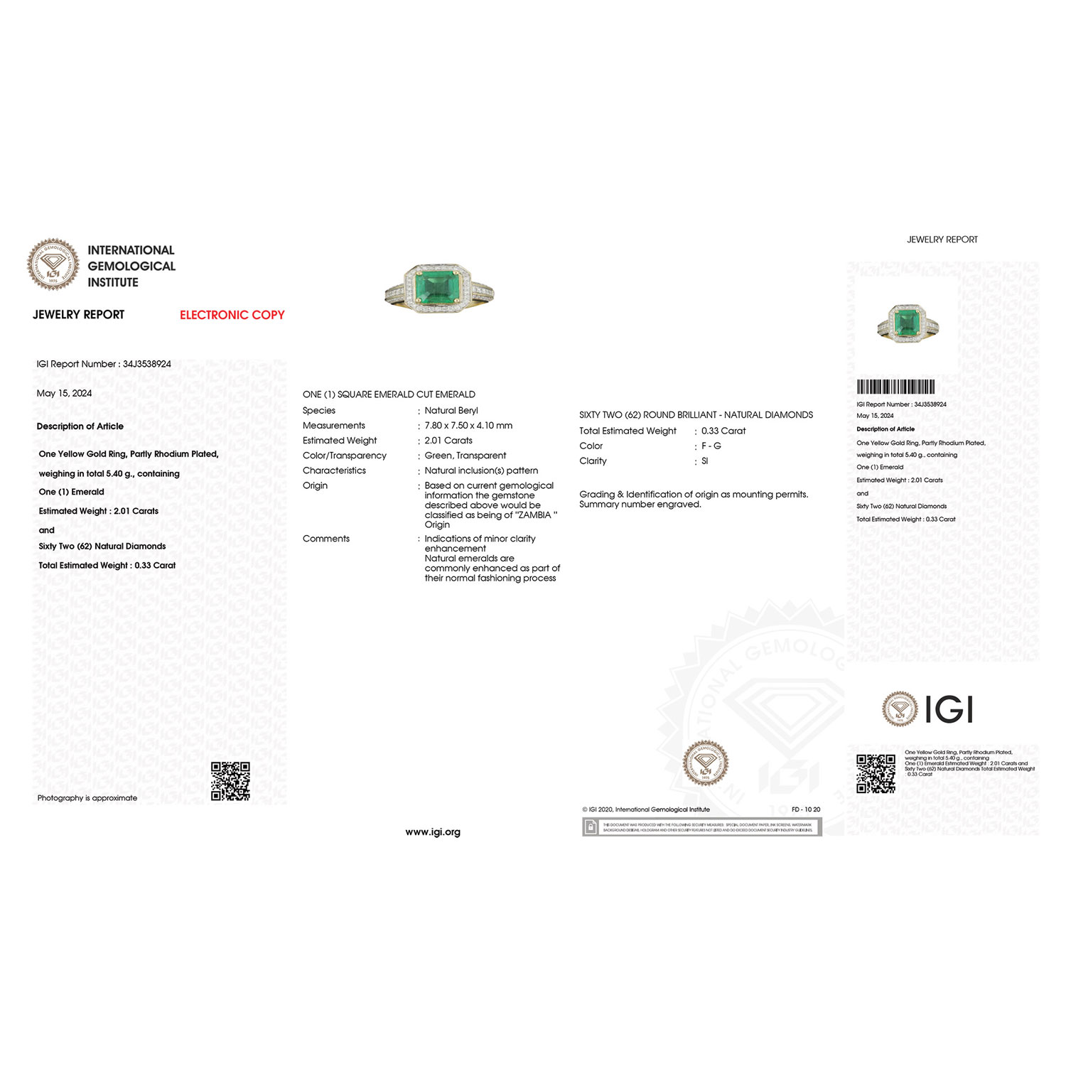 IGI Certified 2.34 Carat Genuine Zambian Emerald and White Diamond 18K Yellow Gold Ring-International Gemological Institute Diamond Report