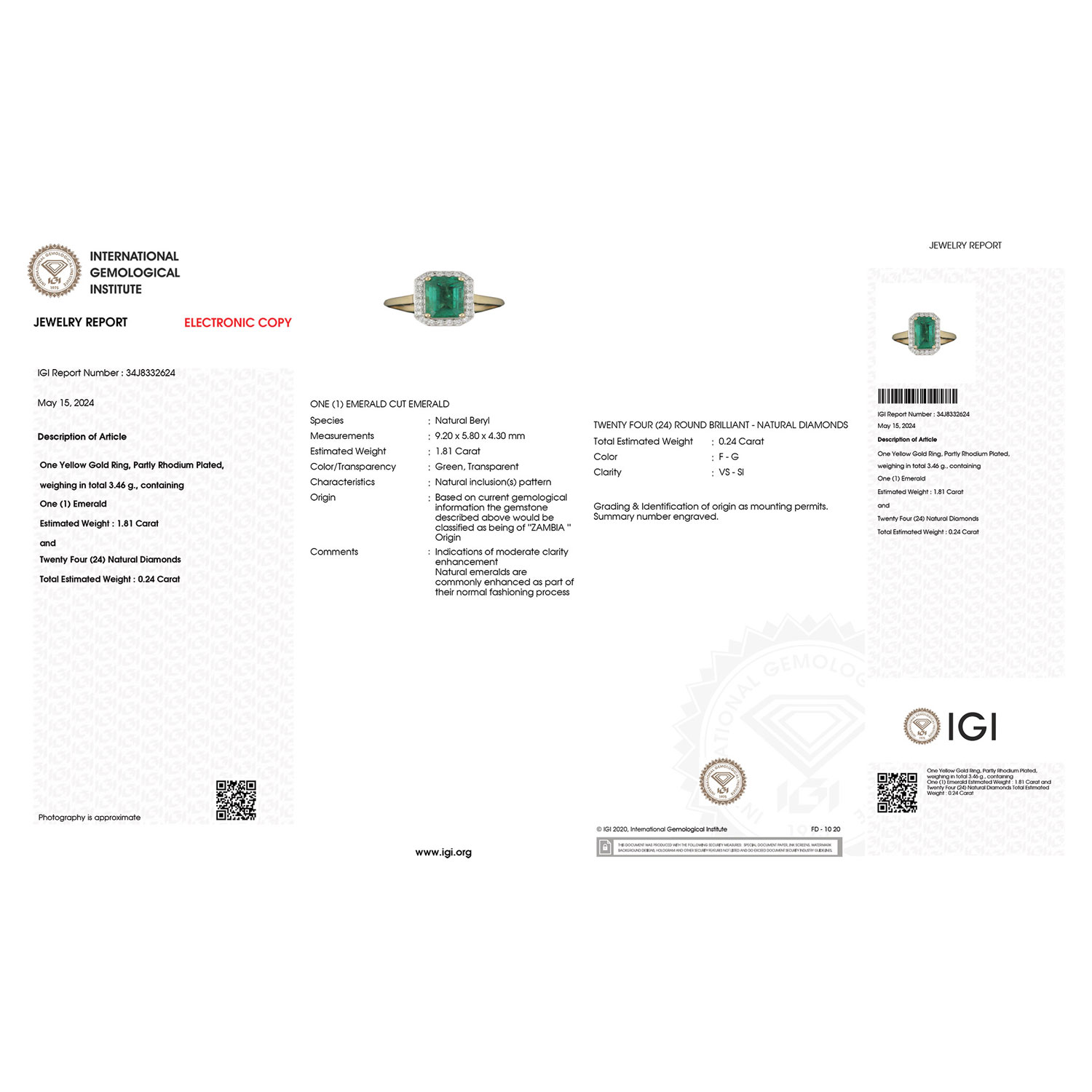 IGI Certified 2.05 Carat Genuine Zambian Emerald and White Diamond 18K Yellow Gold Ring-International Gemological Institute Diamond Report