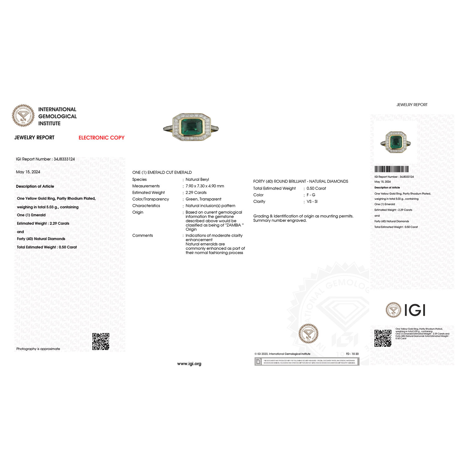 IGI Certified 2.79 Carat Genuine Zambian Emerald and White Diamond 18K Yellow Gold Ring-International Gemological Institute Diamond Report