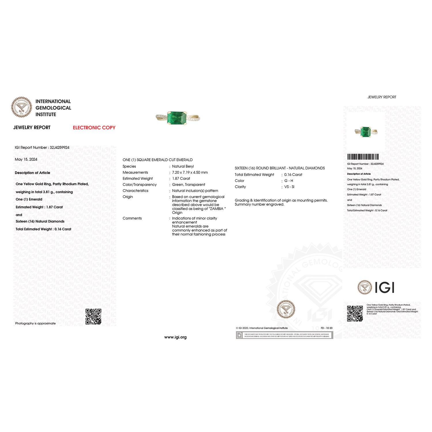 IGI Certified 2.03 Carat Genuine Zambian Emerald and White Diamond 18K Yellow Gold Ring-International Gemological Institute Diamond Report