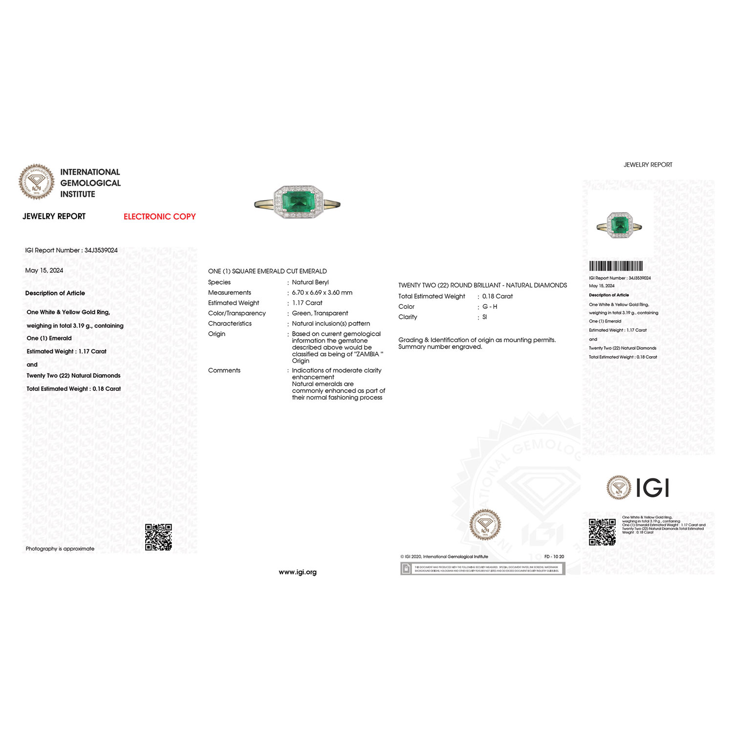 IGI Certified 1.35 Carat Genuine Zambian Emerald and White Diamond 18K Yellow Gold Ring-International Gemological Institute Diamond Report