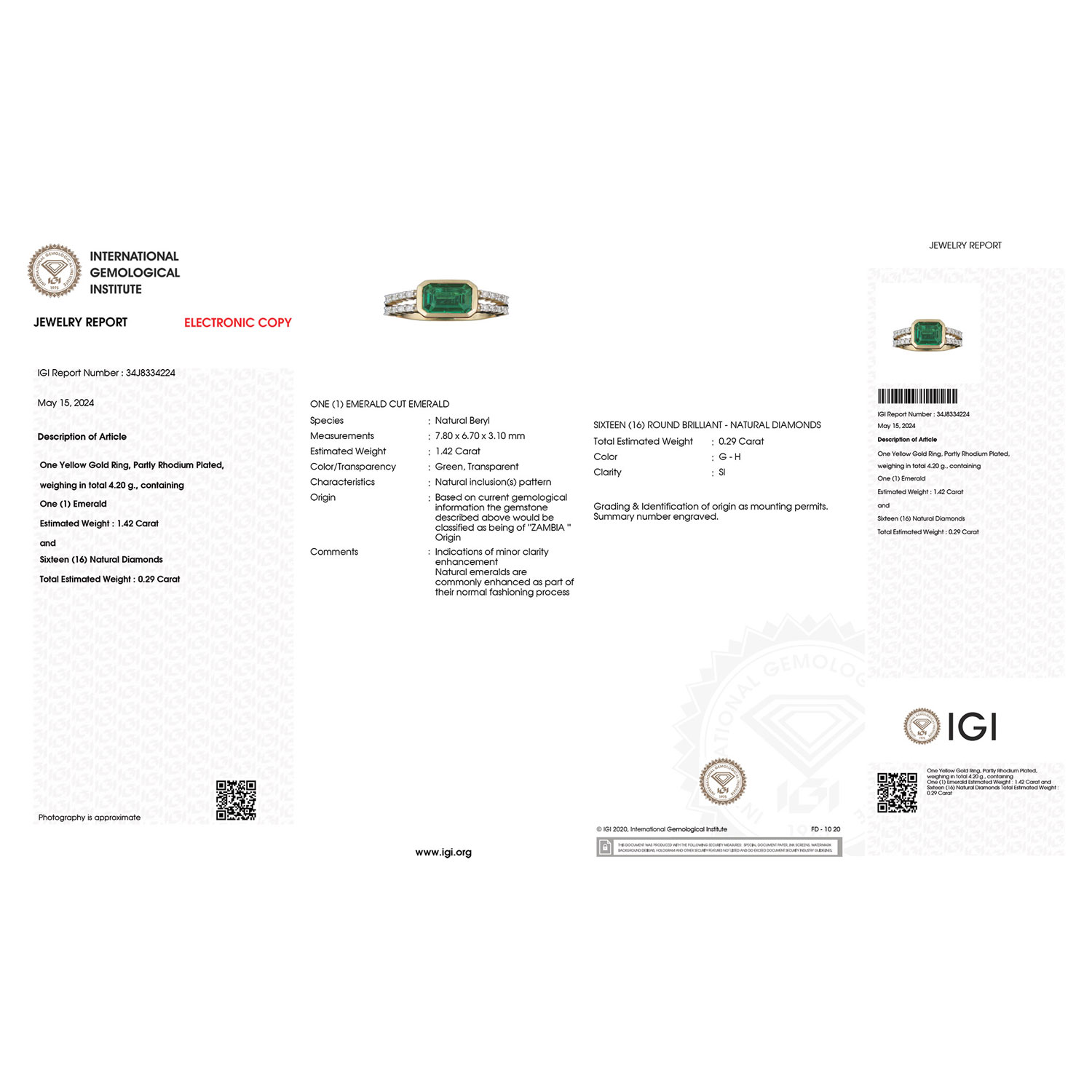 IGI Certified 1.71 Carat Genuine Zambian Emerald and White Diamond 18K Yellow Gold Ring-International Gemological Institute Diamond Report