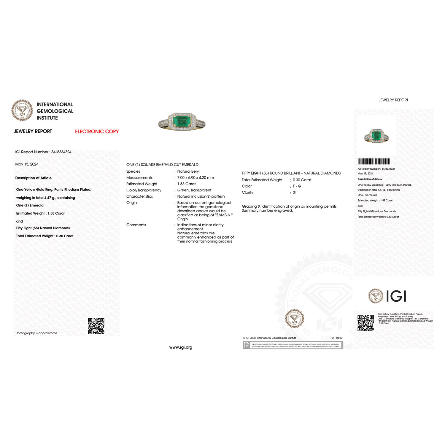 IGI Certified 1.88 Carat Genuine Zambian Emerald and White Diamond 18K Yellow Gold Ring-International Gemological Institute Diamond Report