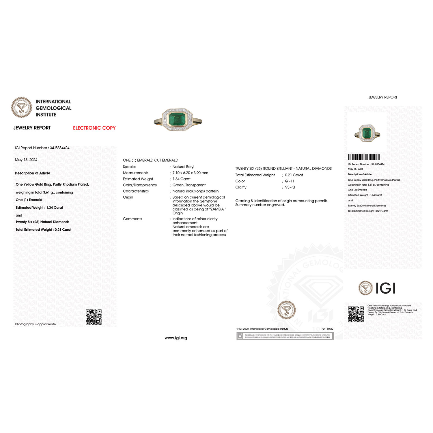 IGI Certified 1.55 Carat Genuine Zambian Emerald and White Diamond 18K Yellow Gold Ring-International Gemological Institute Diamond Report