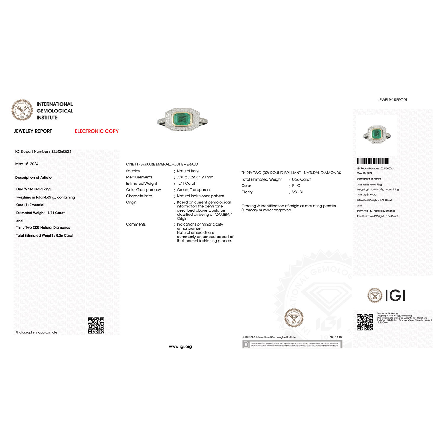 IGI Certified 2.07 Carat Genuine Zambian Emerald and White Diamond 18K White Gold Ring-International Gemological Institute Diamond Report