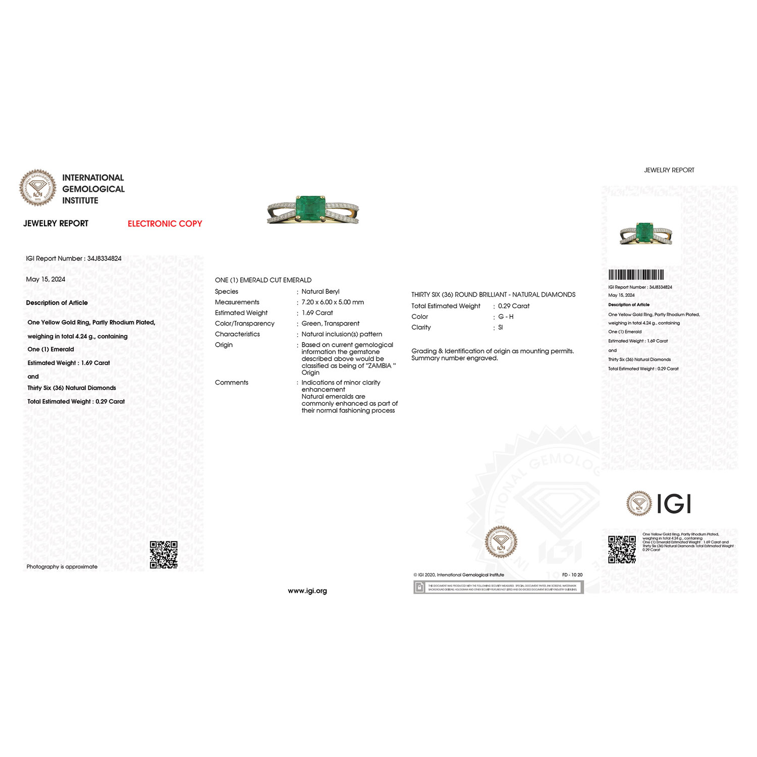 IGI Certified 1.98 Carat Genuine Zambian Emerald and White Diamond 18K Yellow Gold Ring-International Gemological Institute Diamond Report