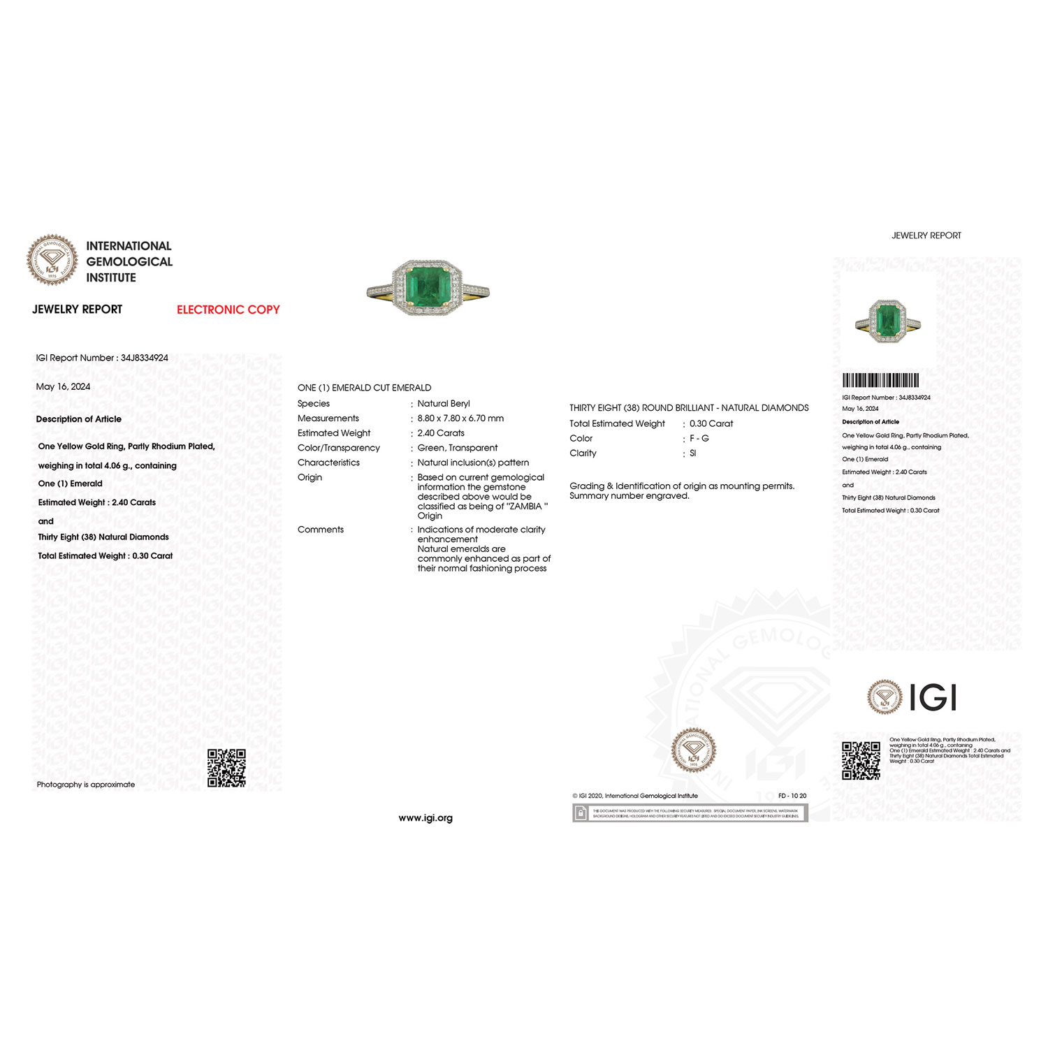 IGI Certified 2.70 Carat Genuine Zambian Emerald and White Diamond 18K Yellow Gold Ring-International Gemological Institute Diamond Report