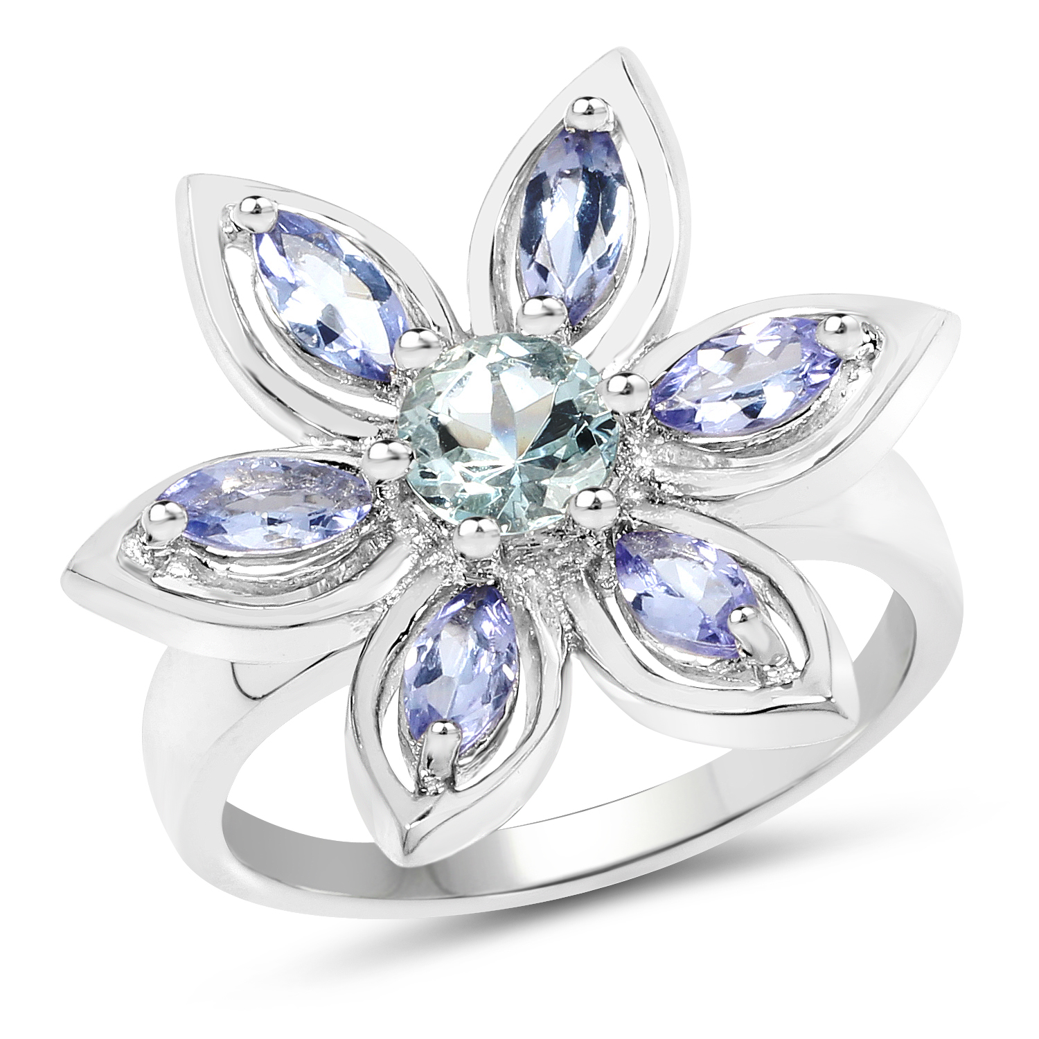 1.34 Carat Genuine Aquamarine and Tanzanite .925 Sterling Silver Ring