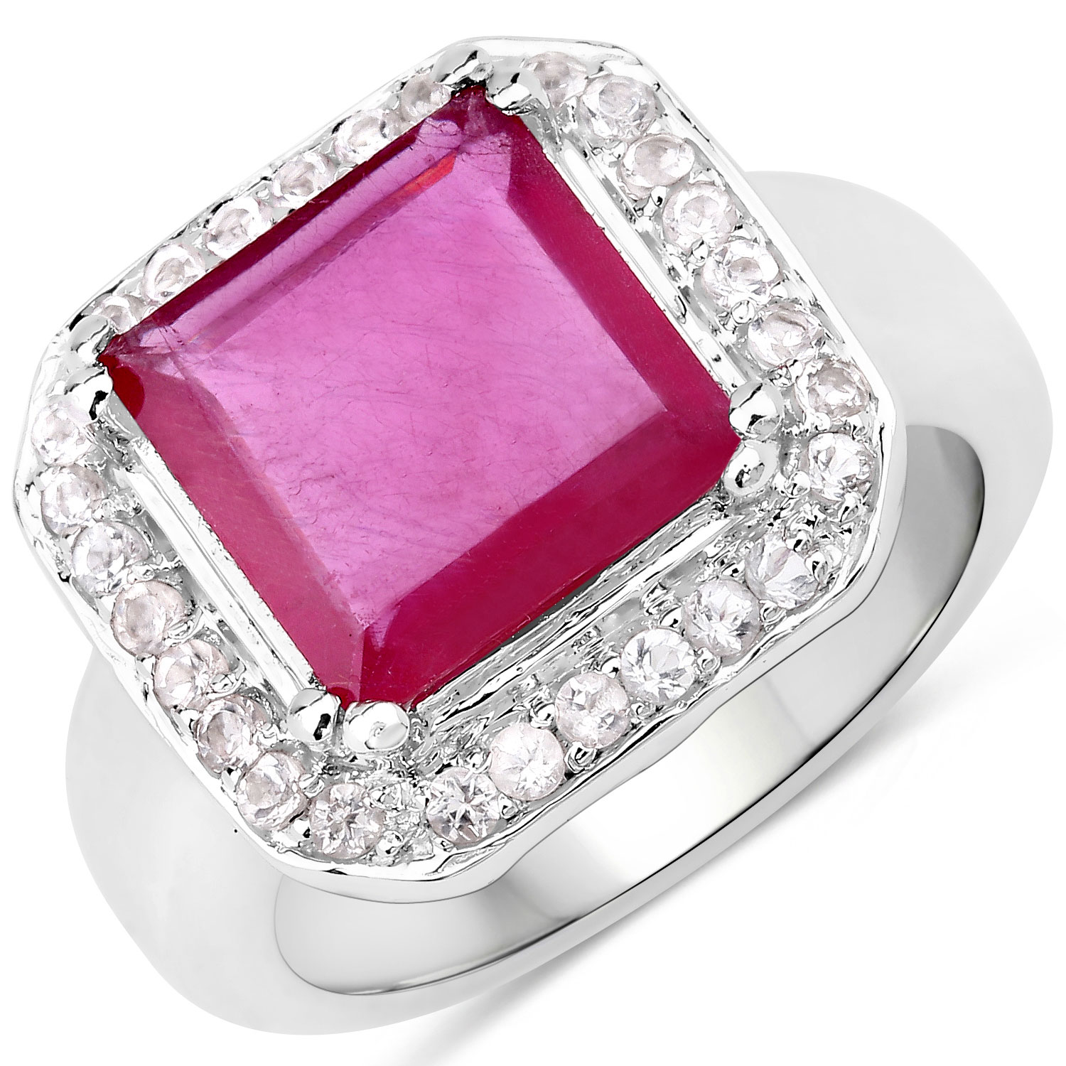 6.36 Carat Glass Filled Ruby and White Topaz .925 Sterling Silver Ring
